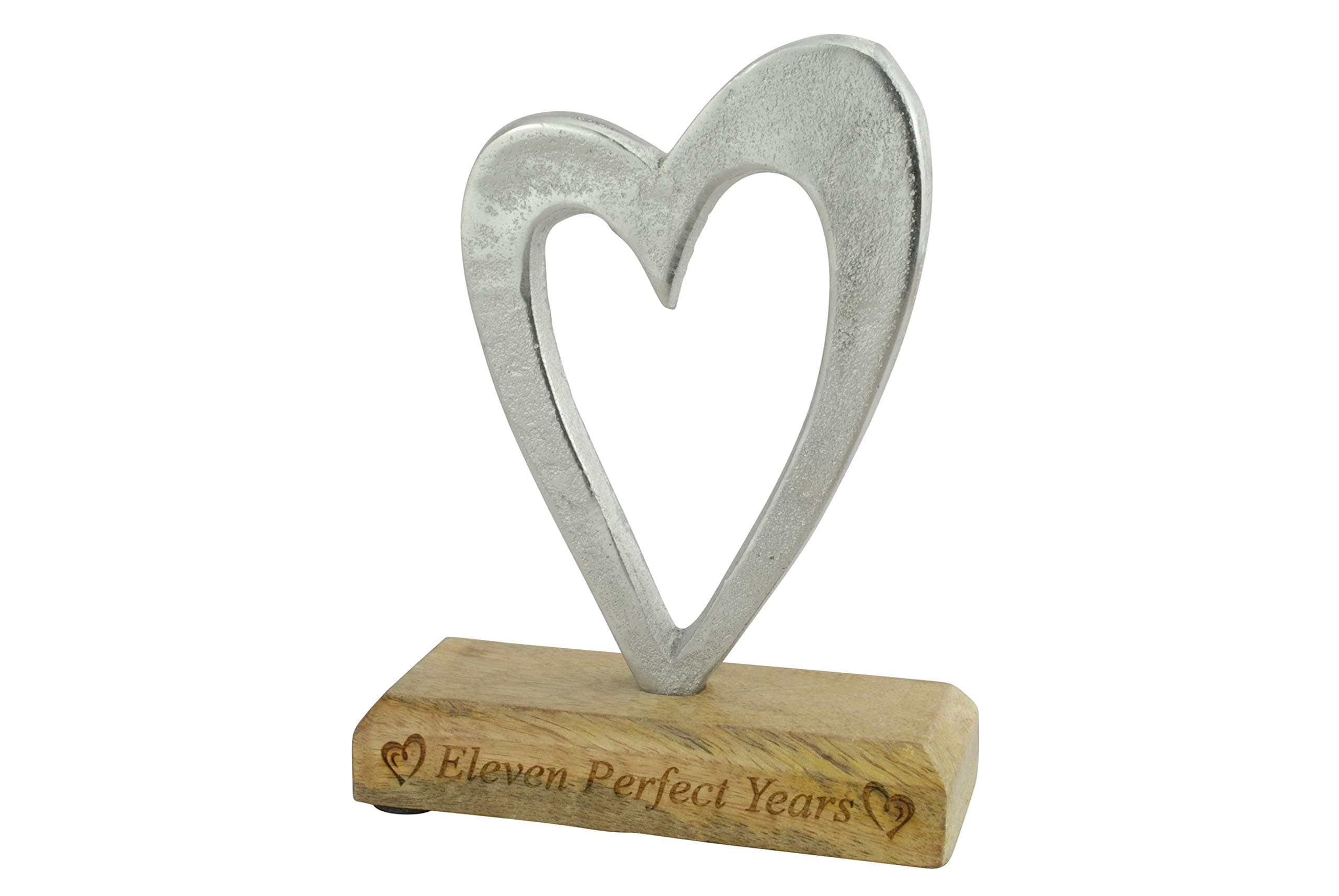 Eleven Perfect Years 11th Anniversary Rustic Metal Heart Decoration – Free Standing Aluminium & Wooden Decoration (hssperf-11)