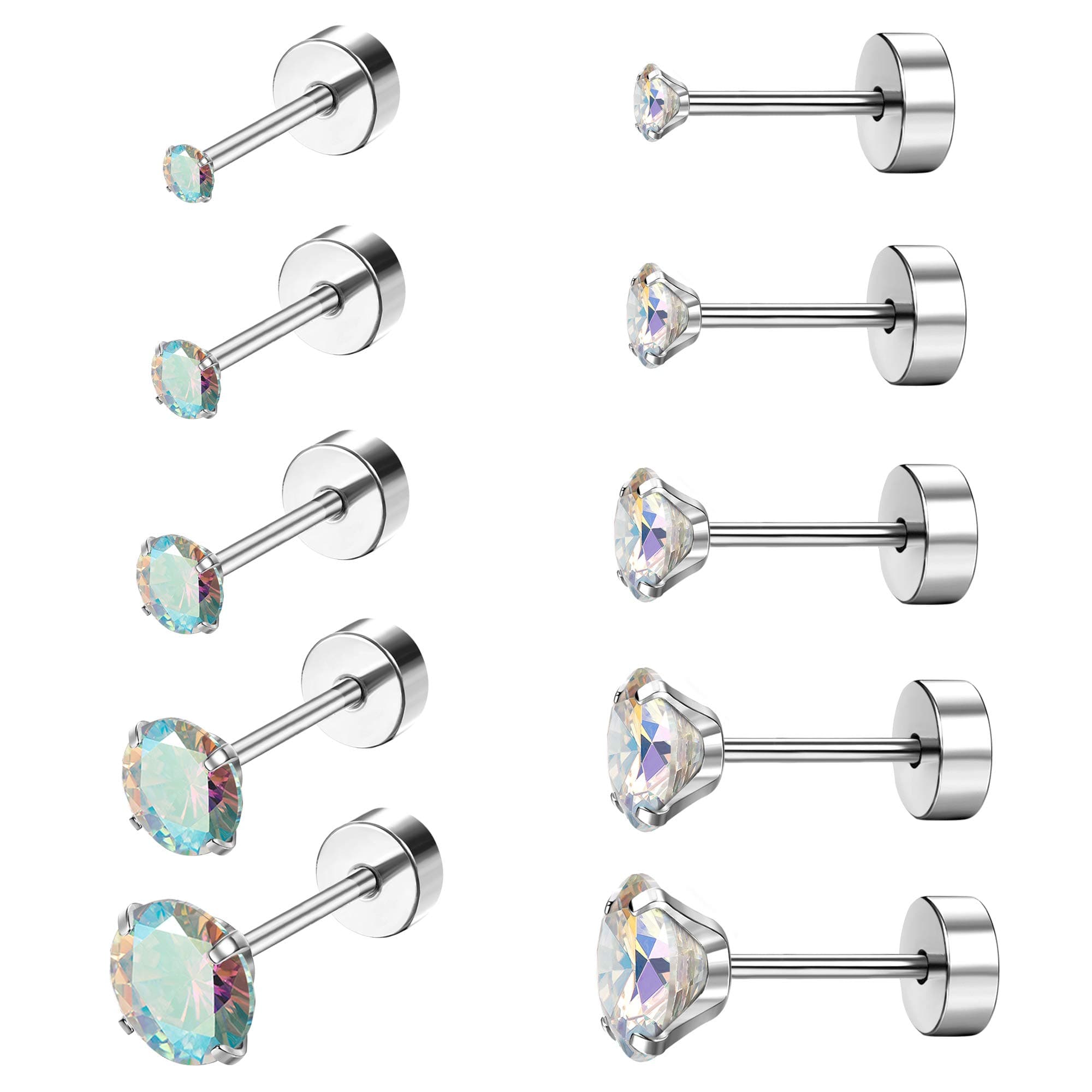 Drperfect 5Pairs 18G Stainless Steel CZ Stud Earrings for Women Men Cartilage Helix Earrings Set Round Cubic Zirconia Screwback Flat Back Stud Ear Piercing