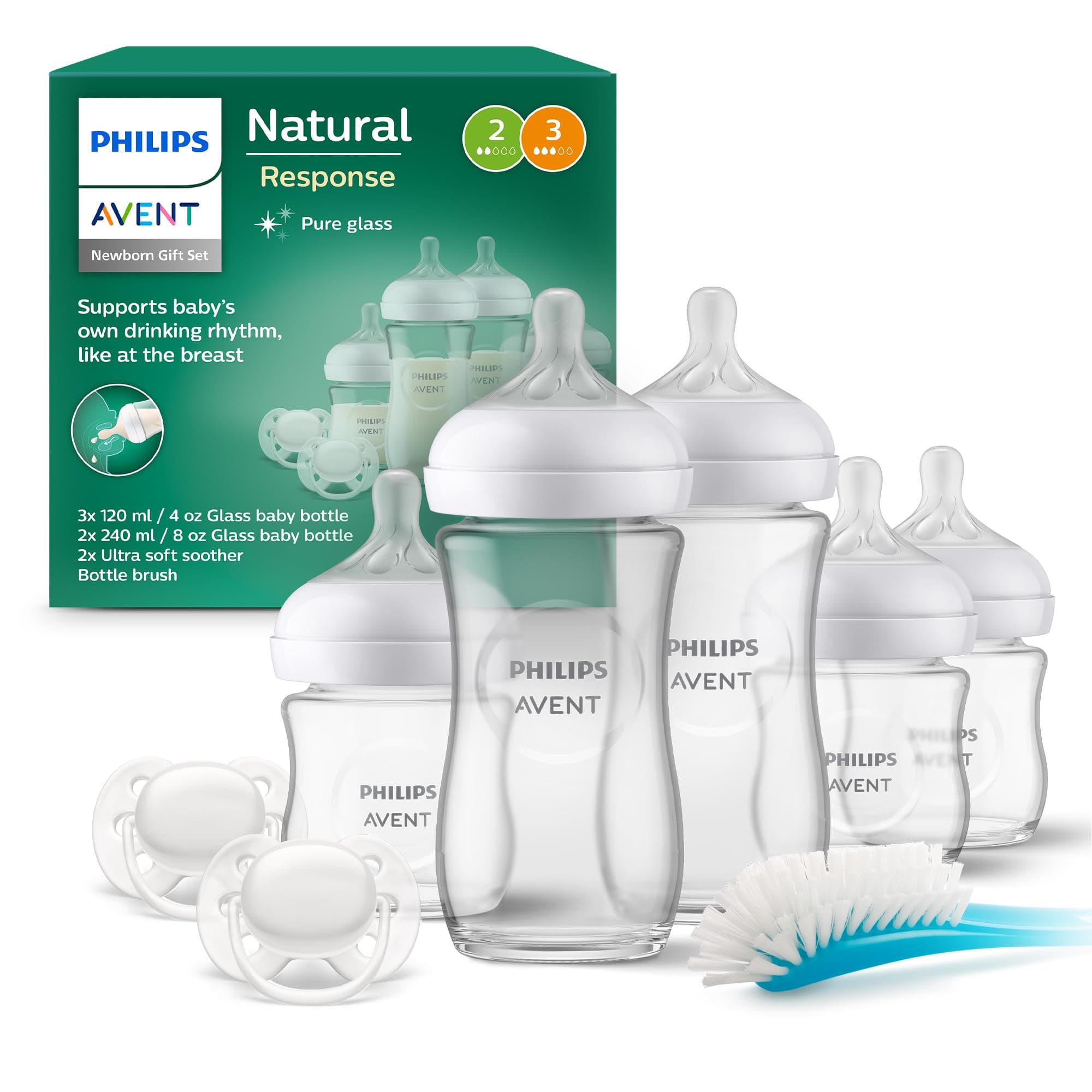 Philips Avent Natural Response Newborn Glass Gift Set - 5 x Baby Bottles, 2 x Philips Avent Ultra Soft Soother 0-6 Months, Bottle Brush, BPA Free (Model SCD879/11)