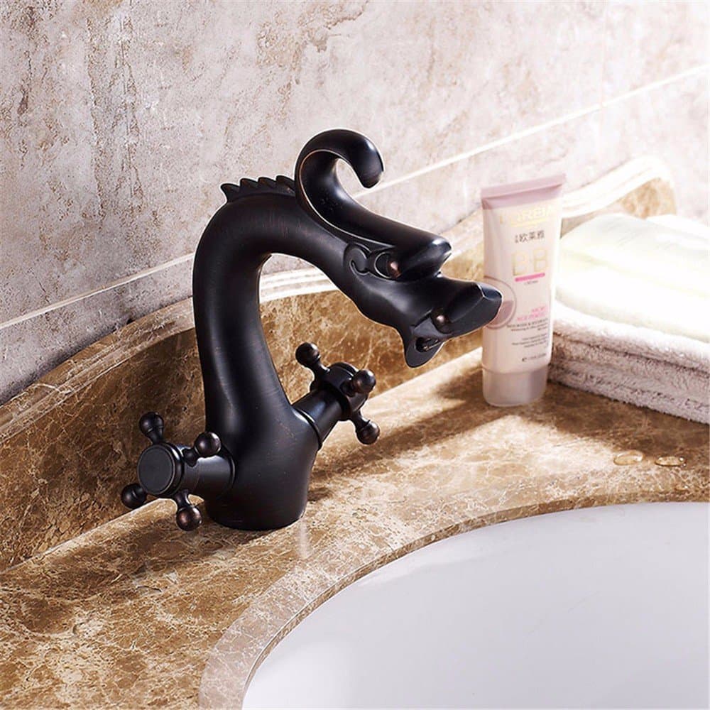 Bathroom Sink Taps Retro Dragon Washbasin Taps Copper Wire Drawing Double Handle Single Hole Basin Taps Hot And Cold Water