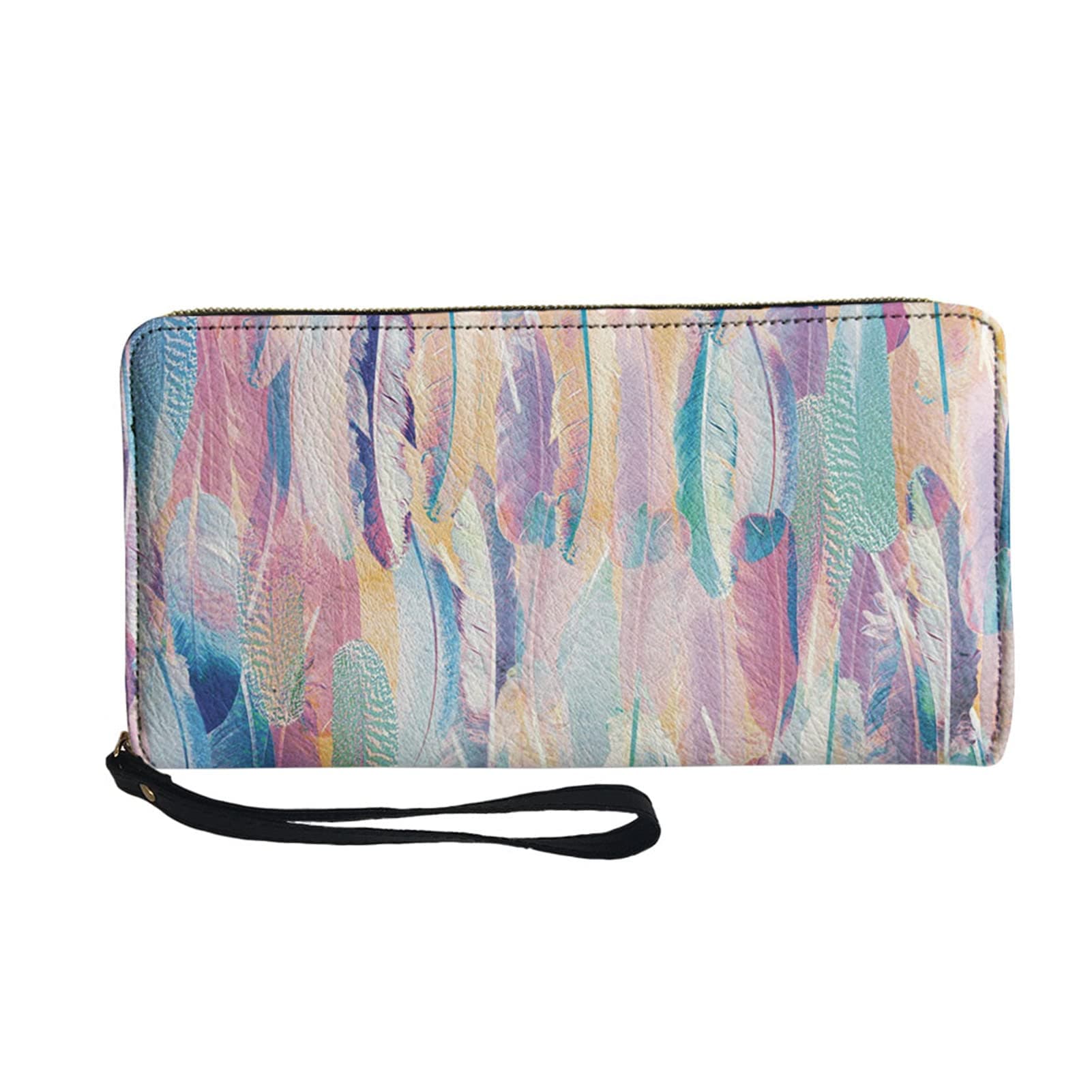 HUGS IDEA Feather Pattern Wallet Big Capacity Card Cash Holder Travel Purse, Light Pink Blue Feather Print Portable Pouch Bag