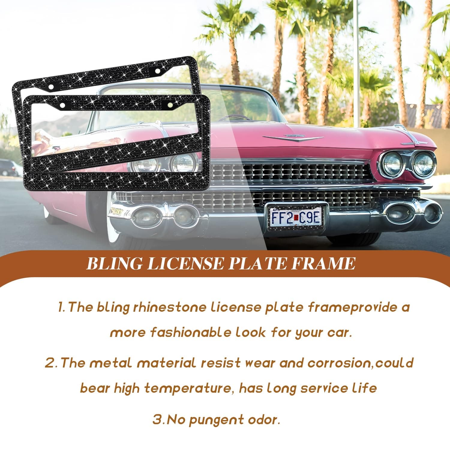 EWBN Bling License Plate Frame for Women, 2 Pack Premium Stainless Steel Diamond License Plate Holder,Sparkly Car Accessories Rhinestone License Plate Cover with Glitter Crystal Caps（Black）