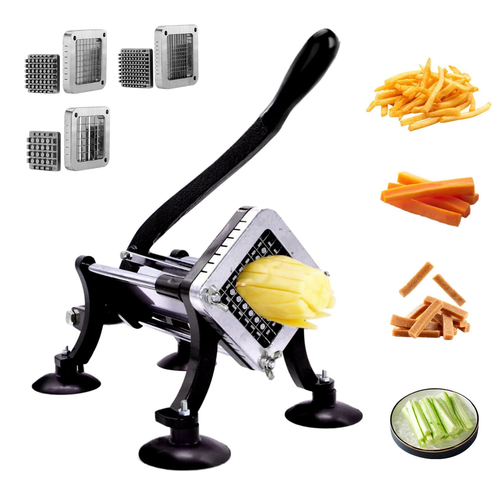 French Fry Cutter Commercial French Fry Cutter With 1/4", 3/8", 1/2" Stainless Steel Blades Professional Potato Cutter With Suction Feet For Potatoes Carrots Cucumbers