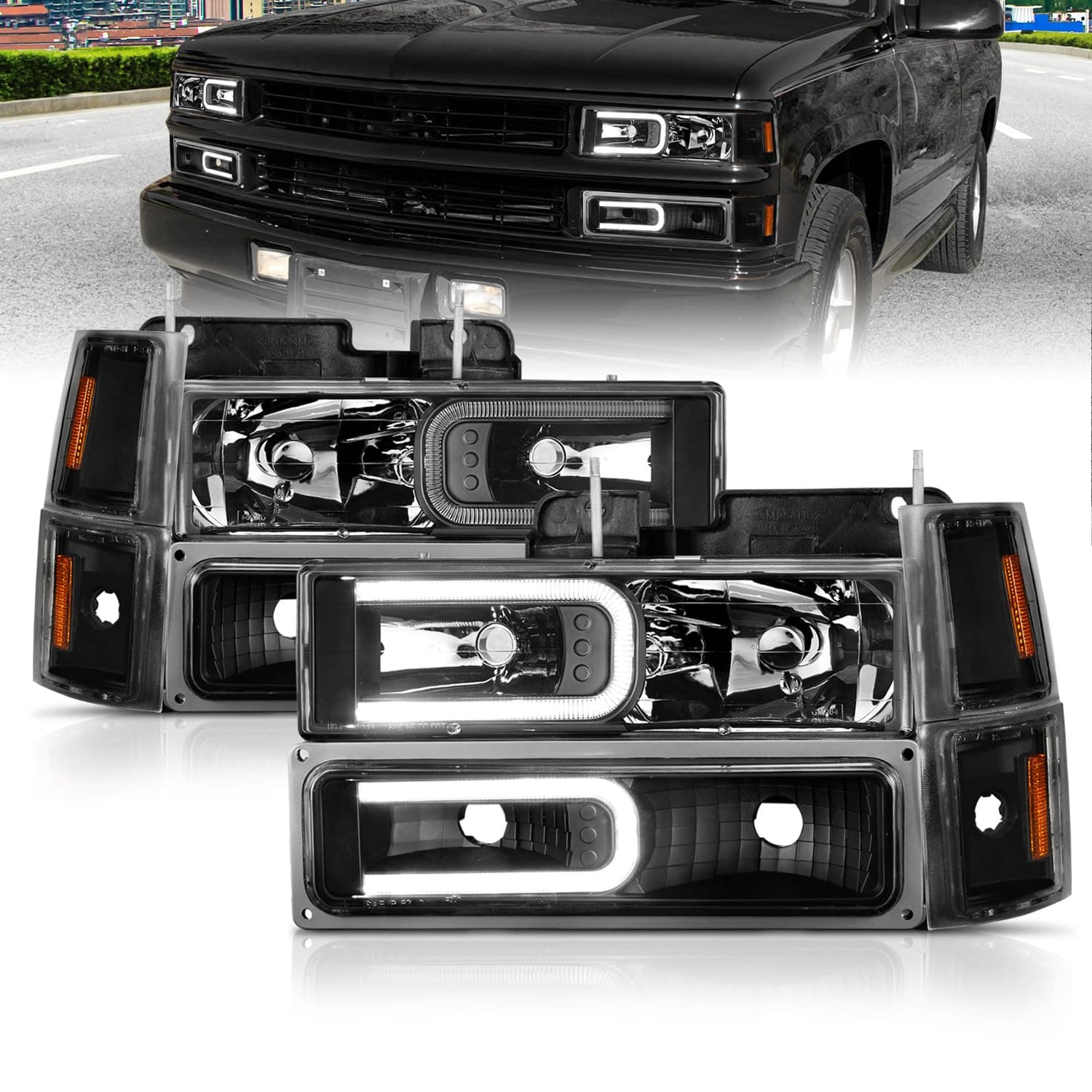 AmeriLite For 1988-1998 Chevy Pickup Truck C/K Suburban Tahoe LED Tube Black Replacement Headlights Halogen Bulb Parking Corner Light Sets - Passenger and Driver Side