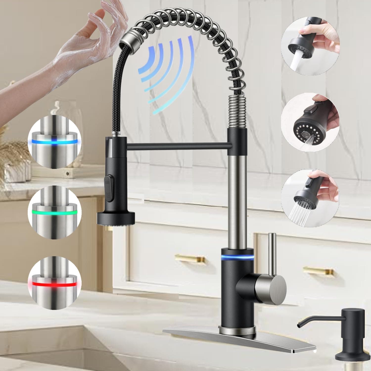 Touch On Kitchen Faucet, 3 Modes Pull Down Sprayer, Sensor Activated, LED Temperature Control, 360-Degree Rotation, 1 or 3 Hole Deck Plate. 10-Year Warranty.(Black/Brushed Nickel,KW-66NR)