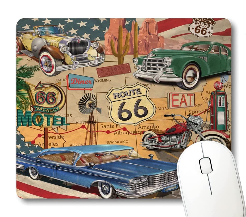 WknoonRoute 66 Mouse Pad, Old Fashioned Cars Motorcycle on a Map Road Trip Journey American USA Concept Mouse Pads
