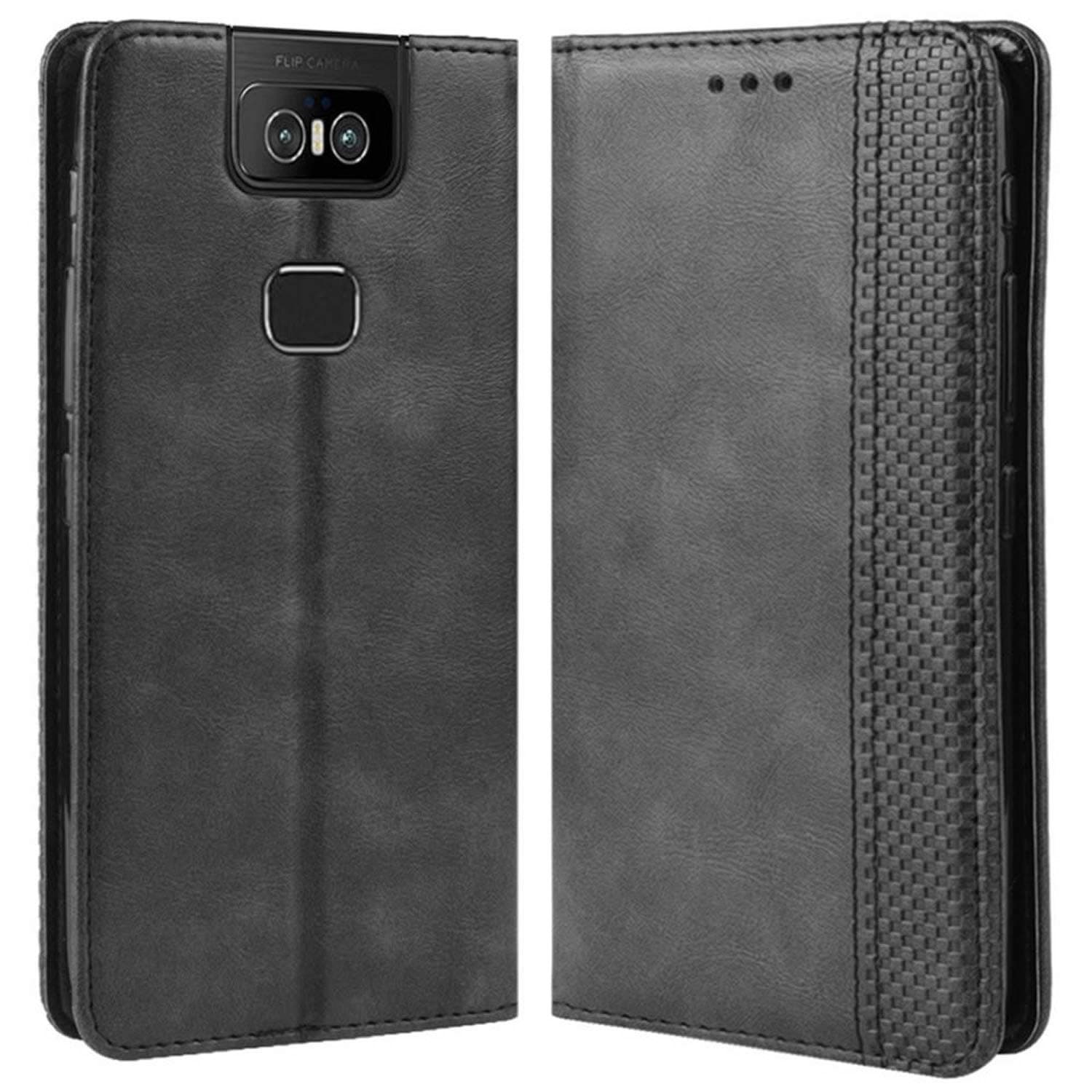HualuBroAsus Zenfone 6 ZS630KL Case, Retro PU Leather Full Body Shockproof Wallet Flip Case Cover with Card Slot Holder and Magnetic Closure for Asus Zenfone 6 6Z ZS630KL 2019 Phone Case (Black)