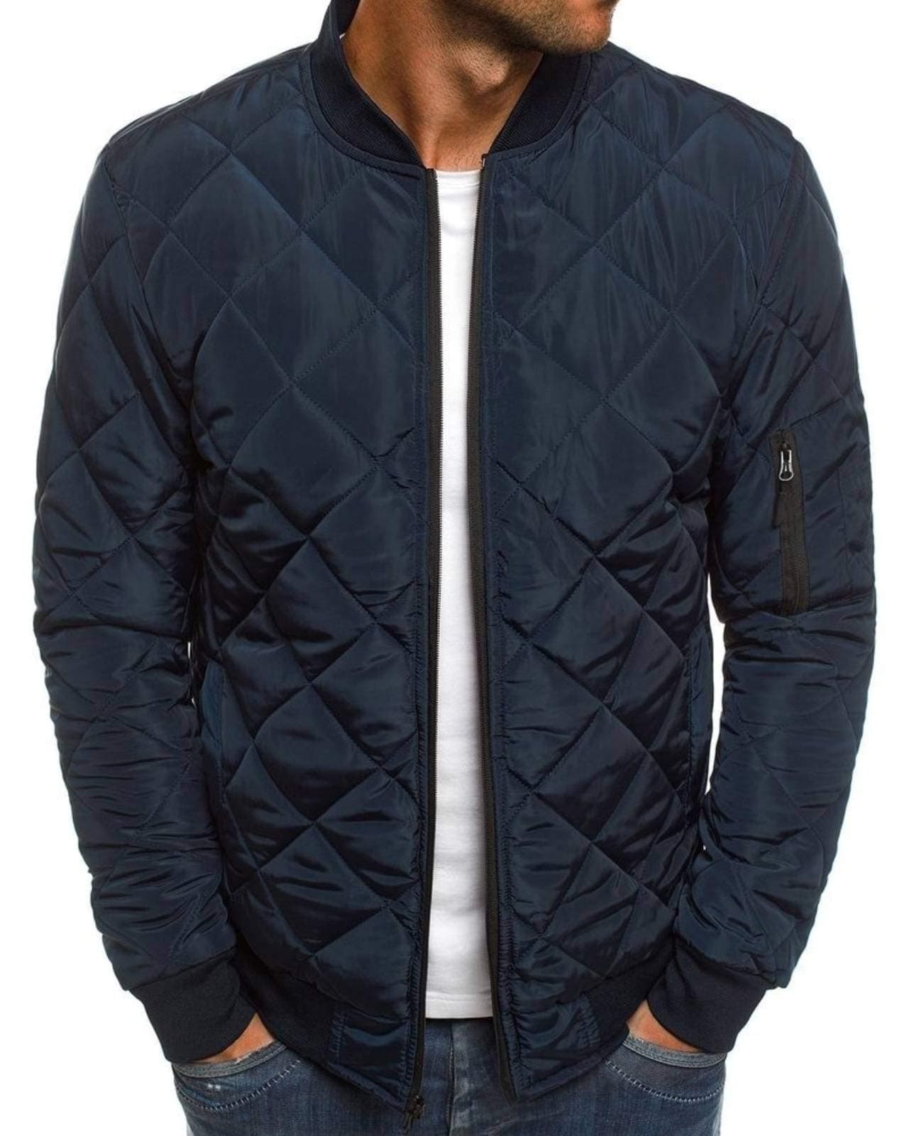 Mens Bomber Jackets Diamond Quilted Fall Winter Rib Varsity Lightweight Coat