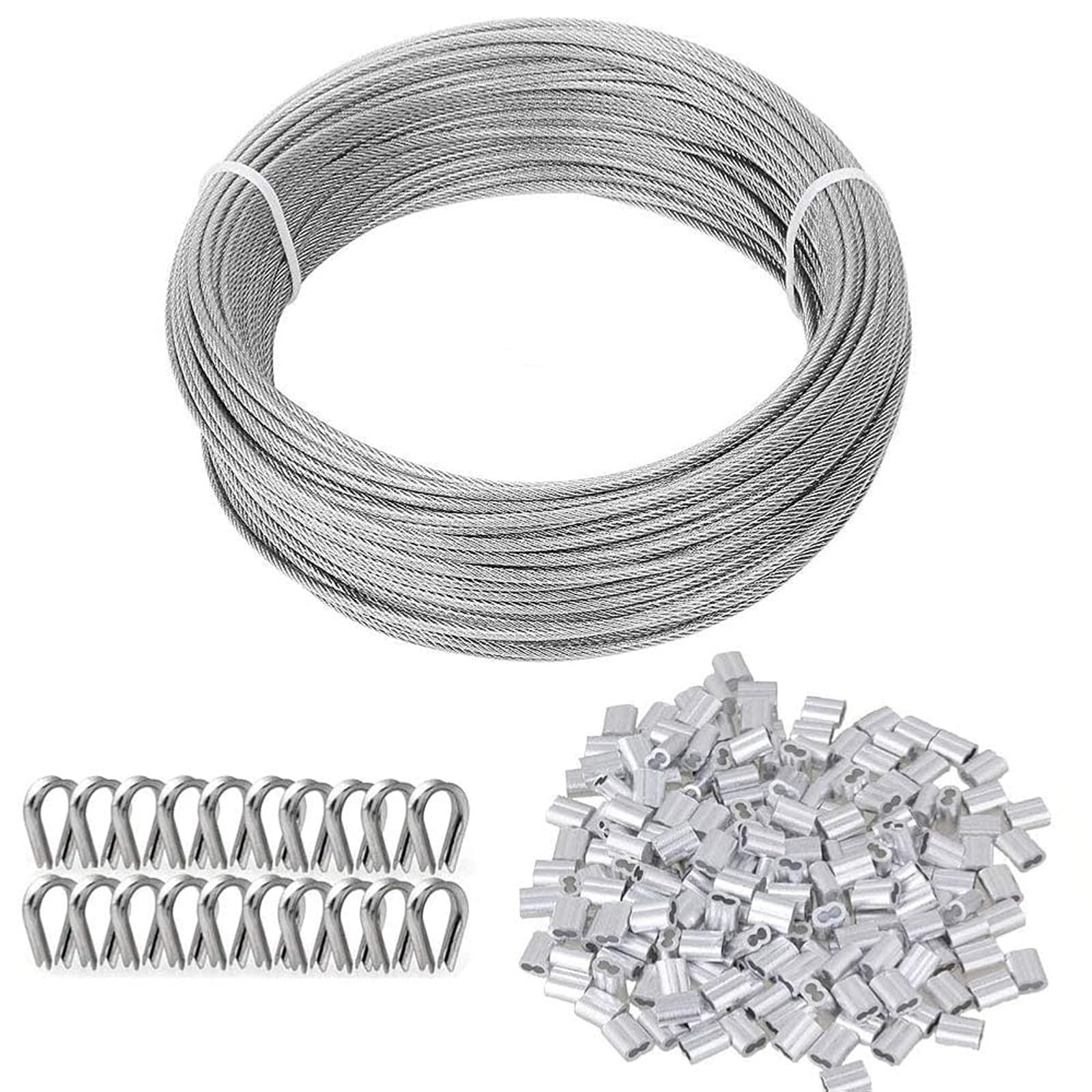 TooTaci 3mm Wire Rope Kit, 30M/3mm PVC Coated Stainless Steel Cable Rope with 50pcs Crimping Sleeves & 20pcs Thimbles, 7×7 Strands Heavy Duty Steel Cable for Garden Fence, String Lights, DIY Projects