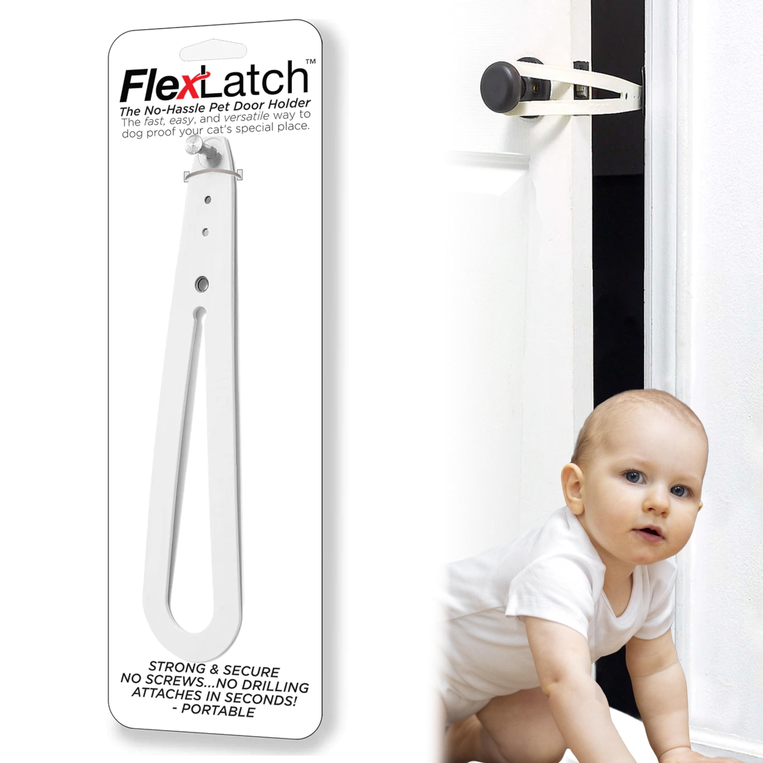 Baby-Pet Door Holder Latch, Child Proof Door Lock, Flex Latch Strap, Lets Cats in and Keeps Children Out (White)
