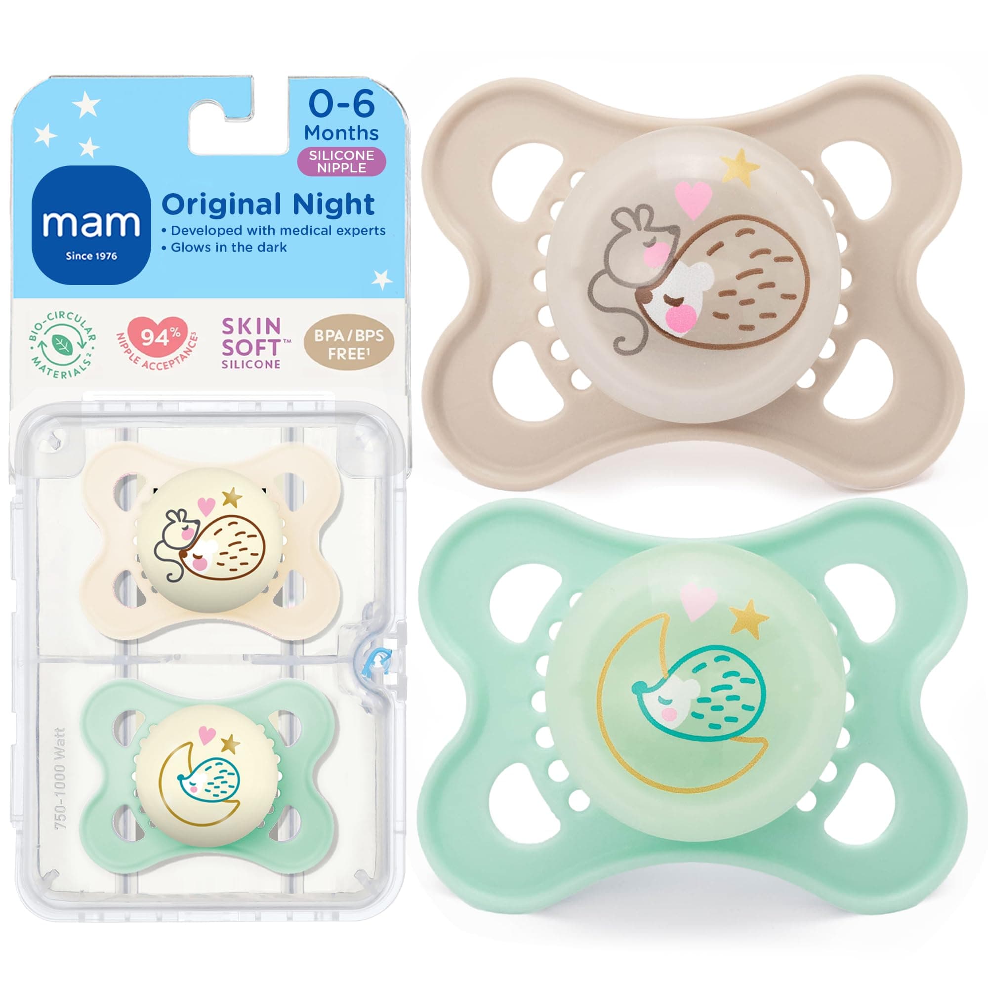 Night Pacifiers (2 Pacifiers & Sterilizing Box), MAM Pacifiers 0-6 Months, Best Pacifier for Breastfed Babies, Unisex, Glow in the Dark Pacifier