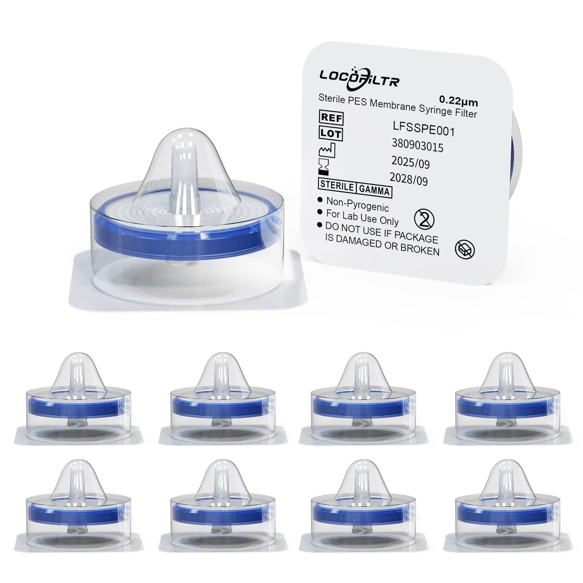 Syringe Filters PES Membrane, Sterile, 33mm Diameter, 0.22um Pore Size, Hydrophilic Filtration, Individually Packed, Pack of 10