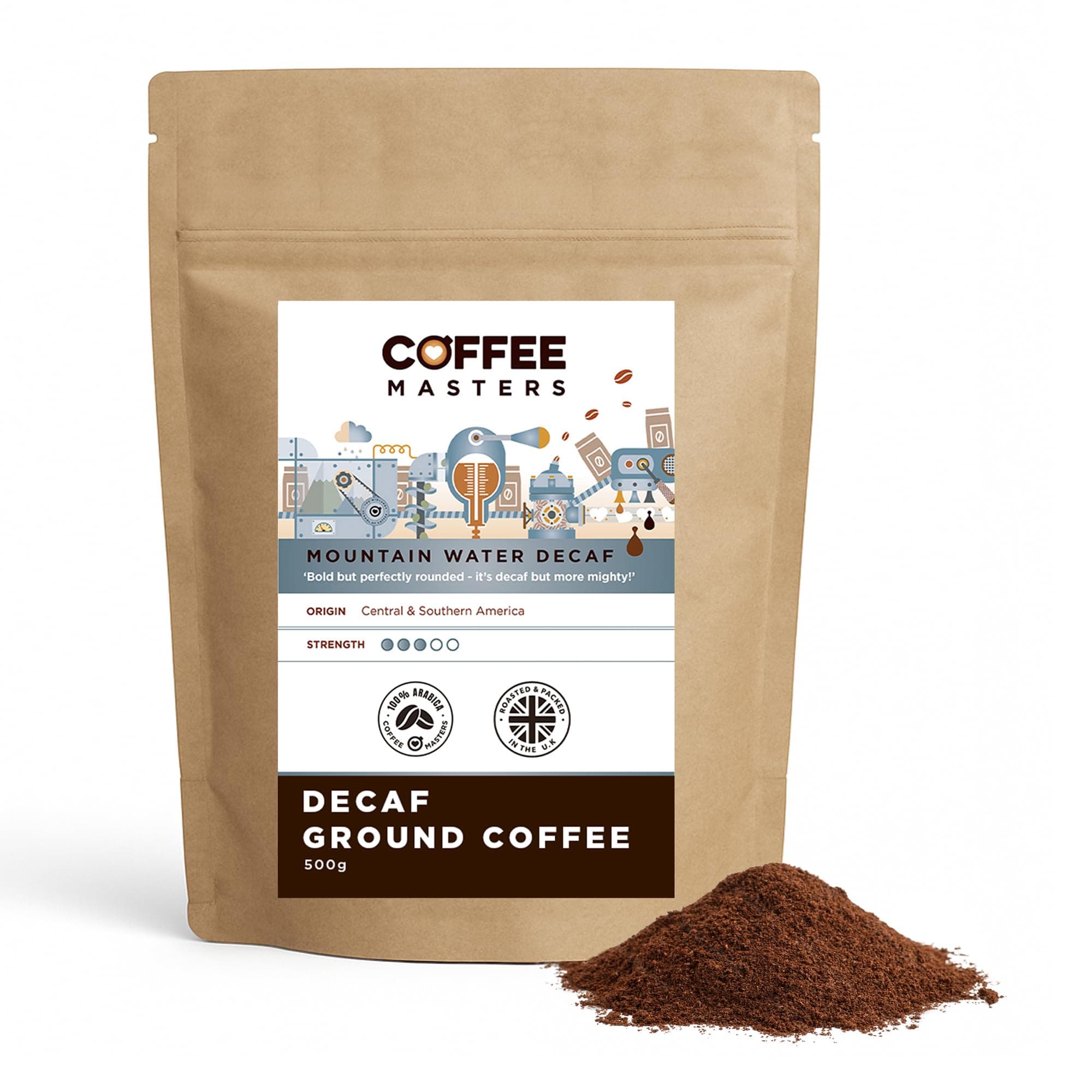 Coffee Masters Mountain Water Decaf Ground Coffee 500g - 100% Arabica Beans - Espresso Suitable for Espresso Machines - Bold and Strong Flavour Decaffeinated Coffee Beans