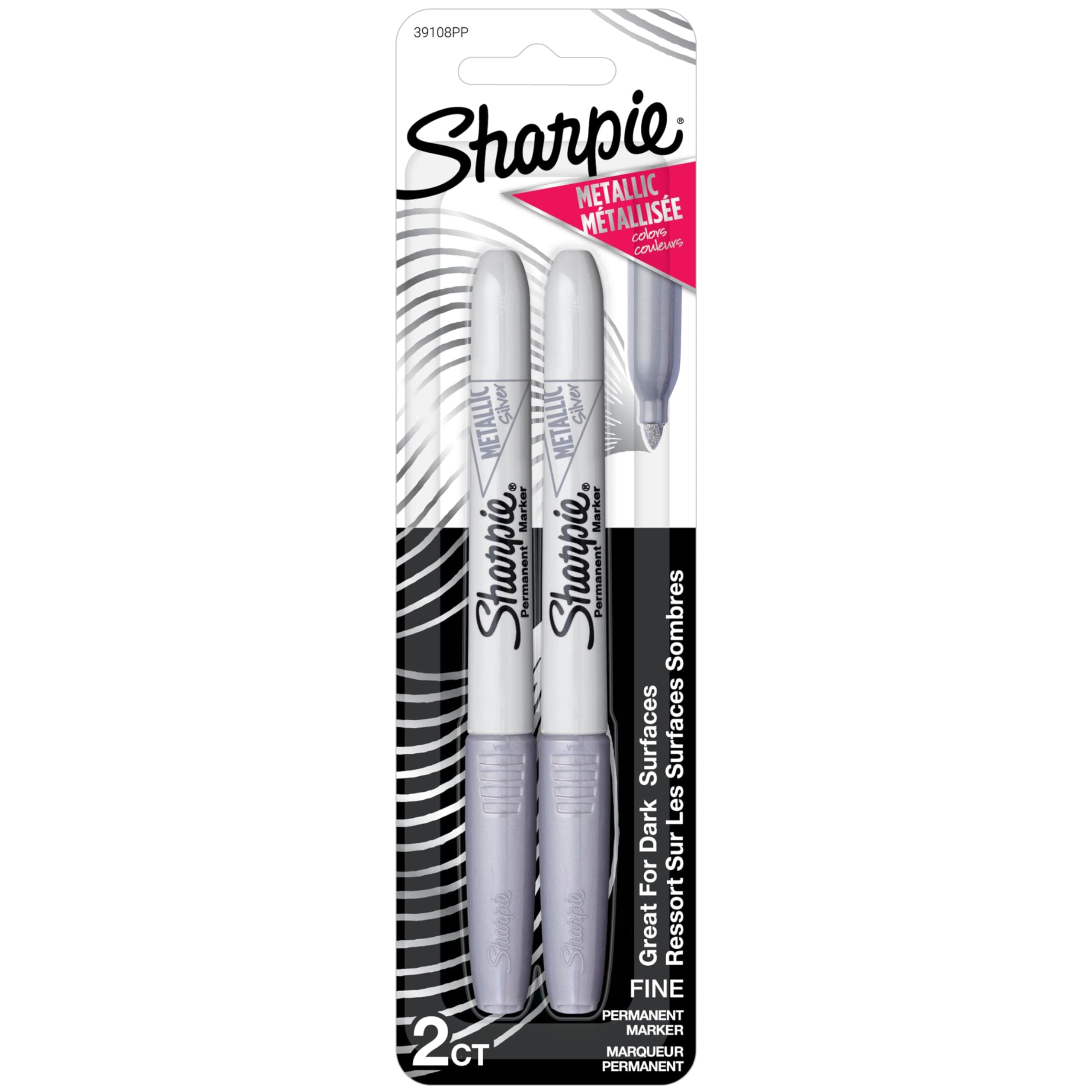 Sharpie Metallic Permanent Markers, Fine Point, Silver, 2 Count - For Black Paper or Dark Surfaces, Arts & Crafts, Posters