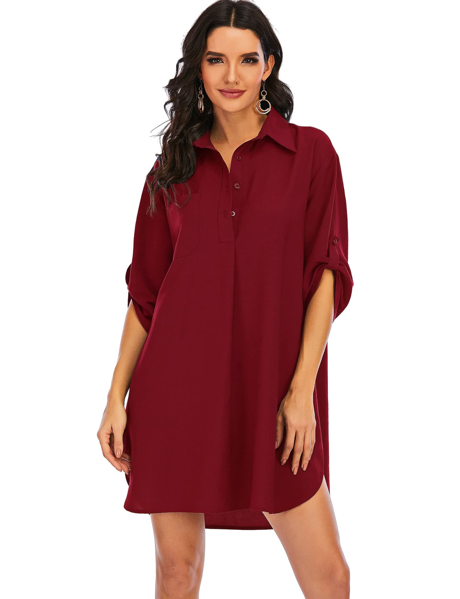 Women's Casual Half Sleeve Button Down Shirt Dress V Neck Tunic Blouses Tops with Pockets