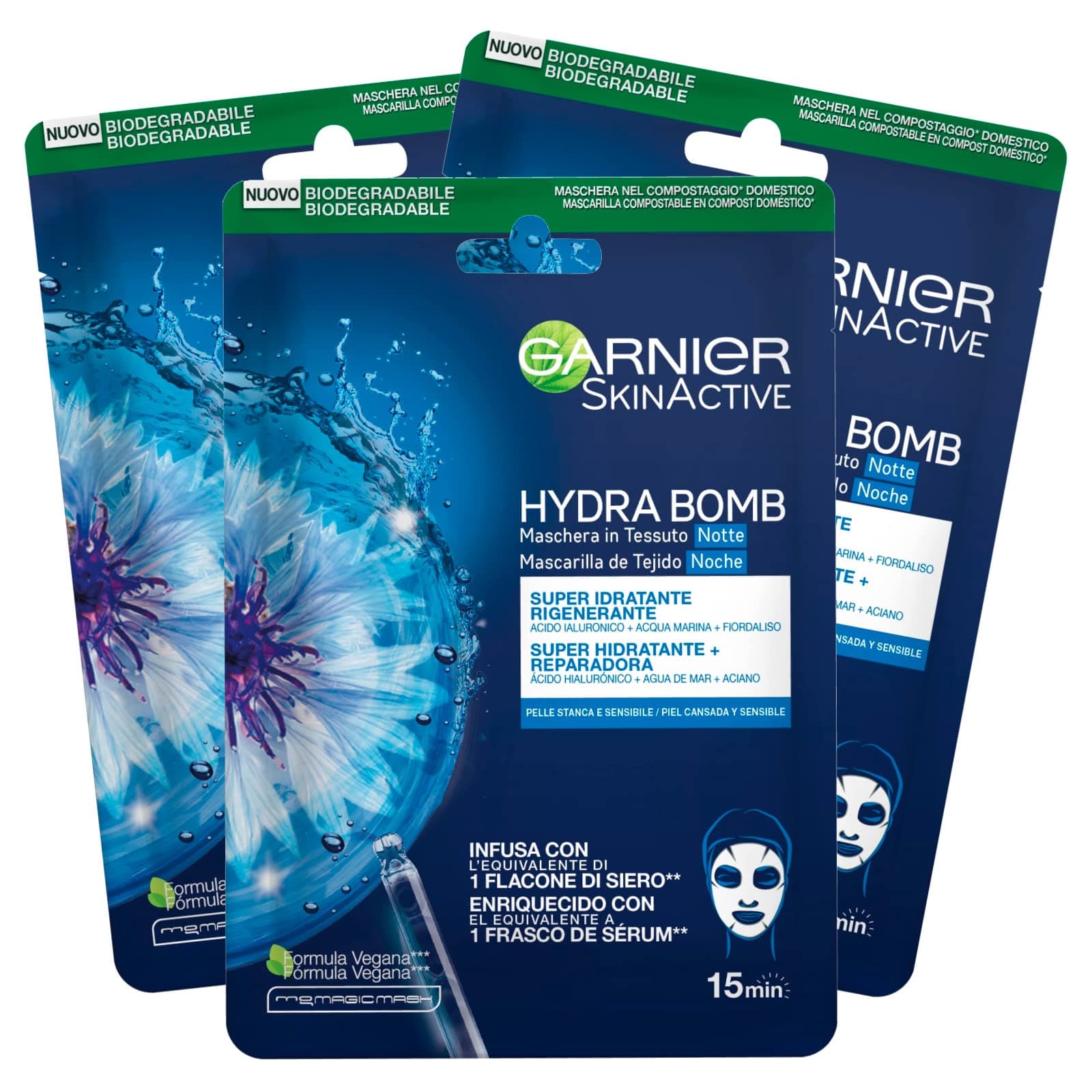 Garnier SkinActive Hydra Bomb Overnight Face Mask in Super Moisturizing Fabric Vegan Formula with Cornflower and Hyaluronic Acid with Regenerating Action Tired Sensitive Skin - 3 Disposable Masks