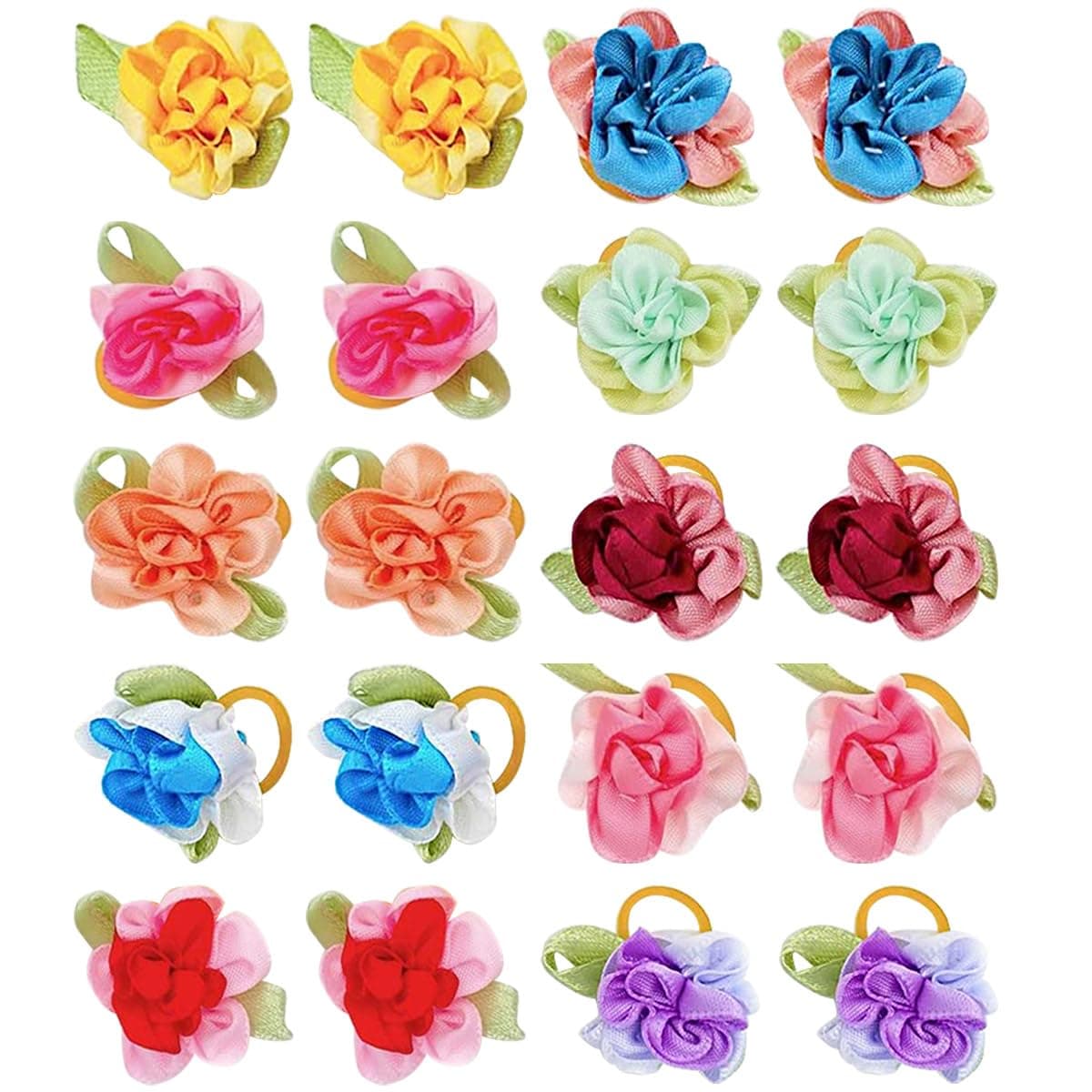 Flowers Pet Dog Hair Bows W/Rubber Bands Cat Puppy Grooming Accessories Assorted Color Pack of 20