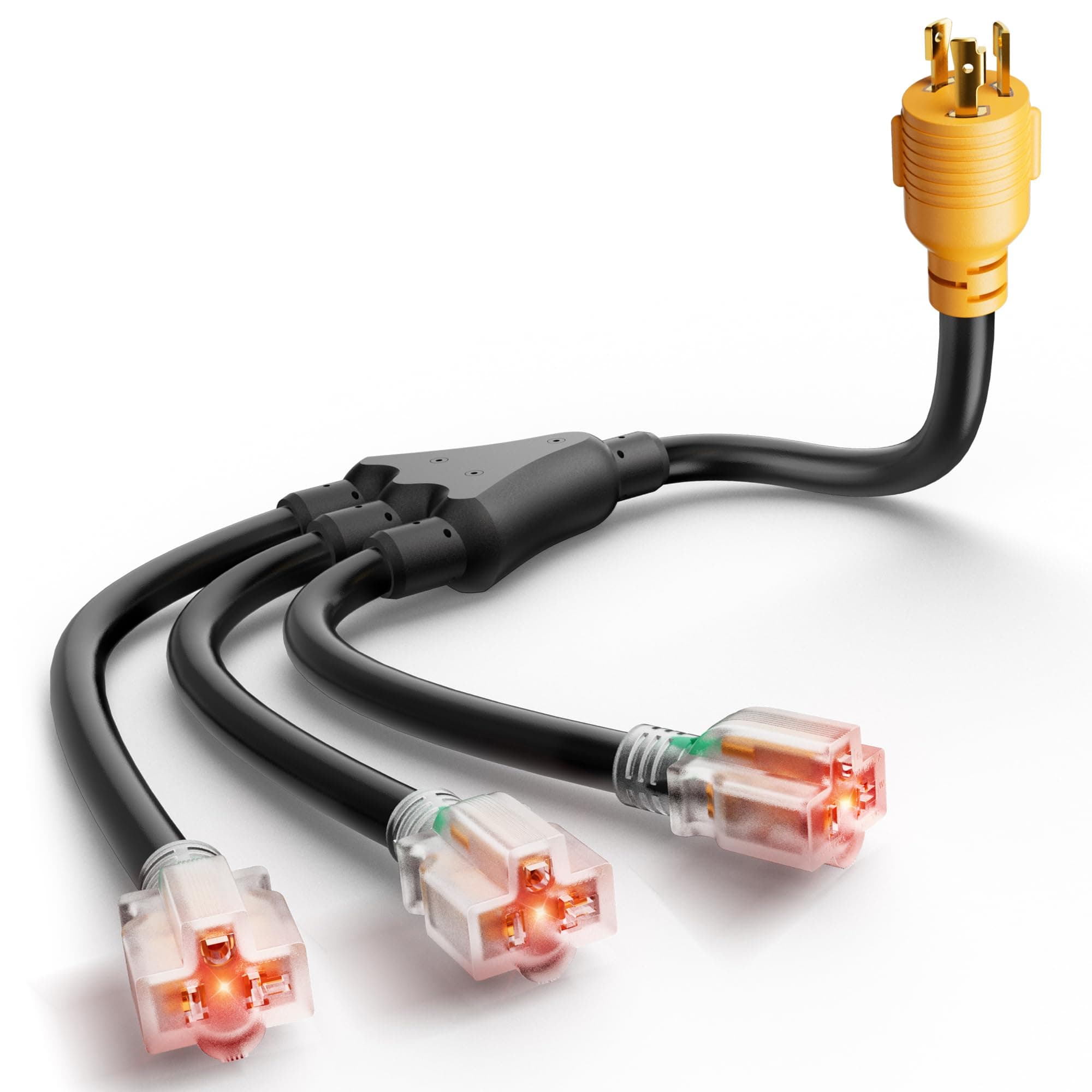 MECMO Shore Power NEMA L5-30P to 3X 5-15R/5-20R RV Generator Adapter Marine 30 Amp to 110 15 Amp Household Regular Connector, 30A 3 Prong Locking Generator Male L5-30P to 5-15R 5-20R 3-Way Female