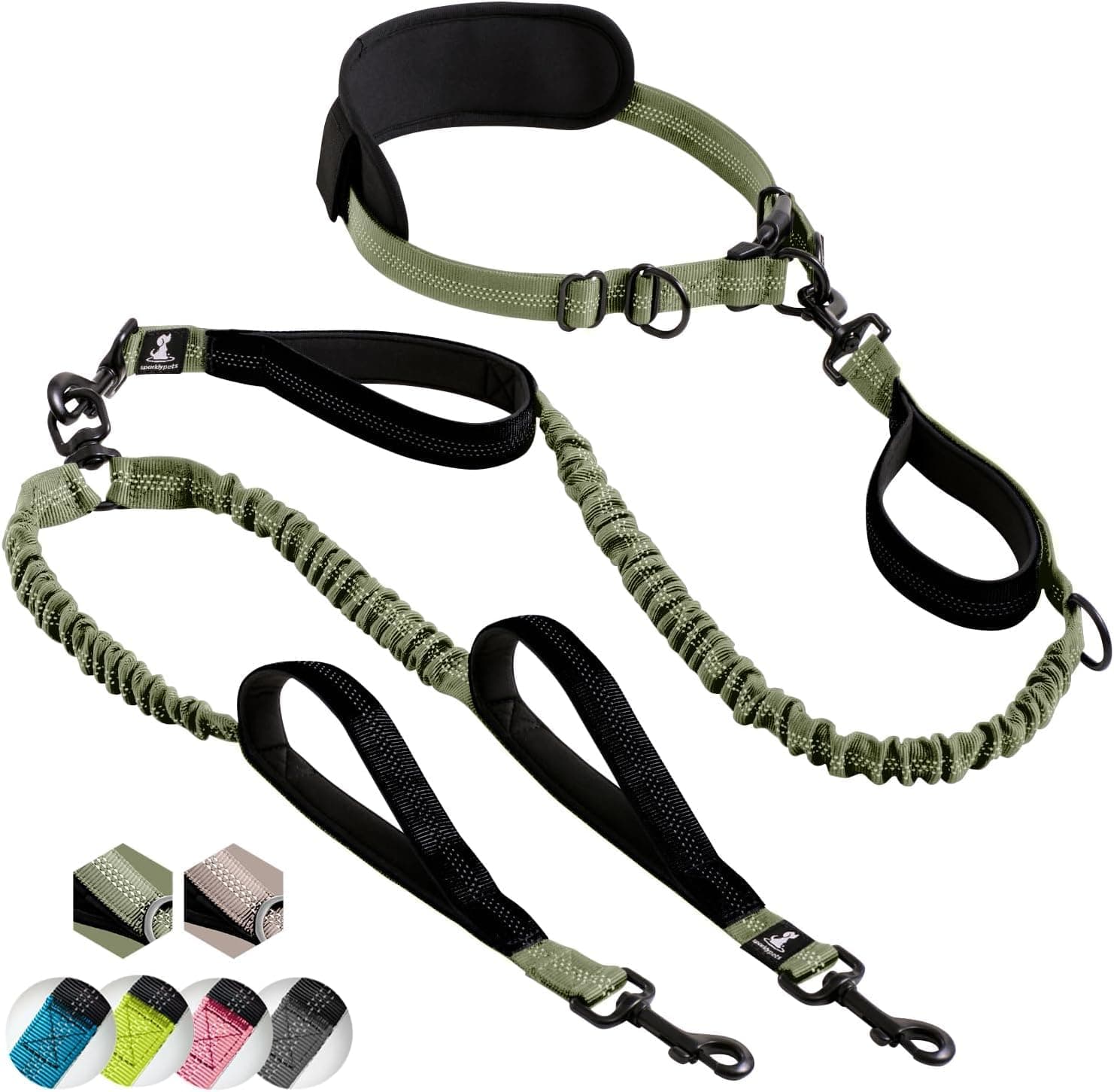 SparklyPets Hands-Free Dog Lead for Medium and Large Dogs – Professional Harness with Reflective Stitches for Training, Walking, Jogging and Running Your Pet (Green Range, For 2 Dogs)