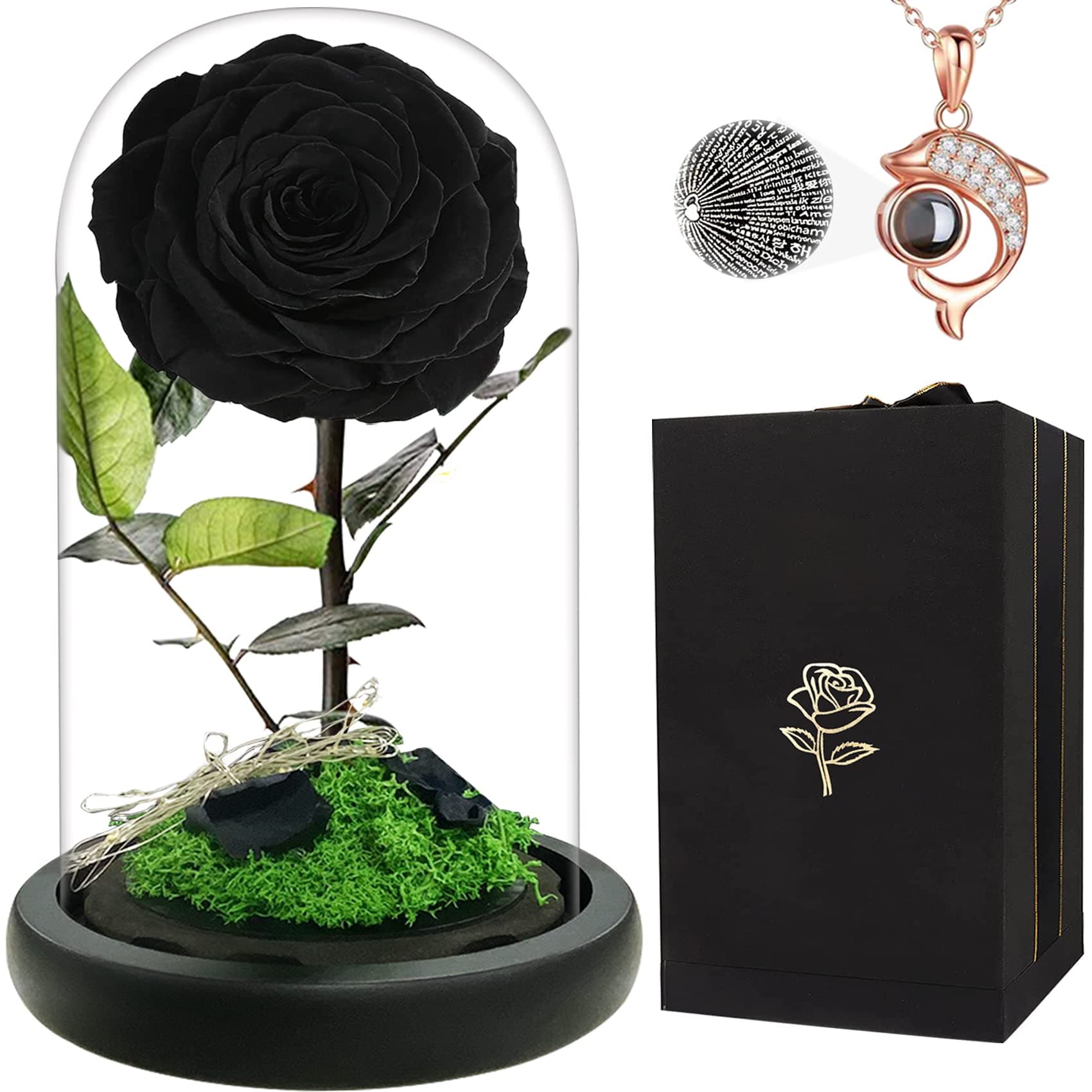 Mom Gifts Preserved Rose in Glass Dome with Petals and Moss Infinity Rose Black Real Rose with LED Lights Gift for Mom with Projection Necklace on Mother’s Day Valentine Christmas Birthday Anniversary