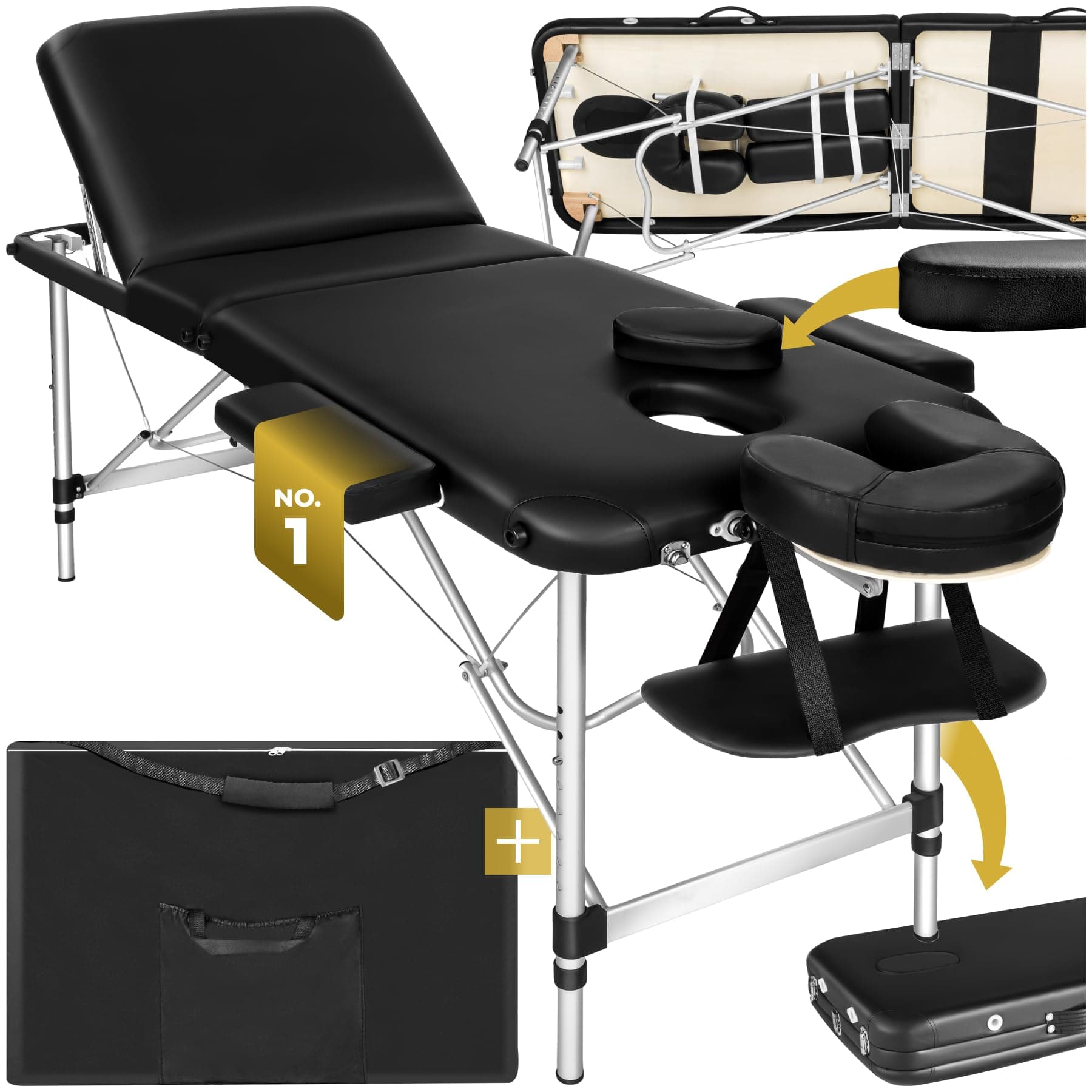 tectake® Lightweight Portable Massage Table, Comfortable 3-Section Padded Folding Spa Bed with Aluminium Frame, Adjustable Massage Bed, Including Accessories - Headrest, Armrests & Storage Bag - Black