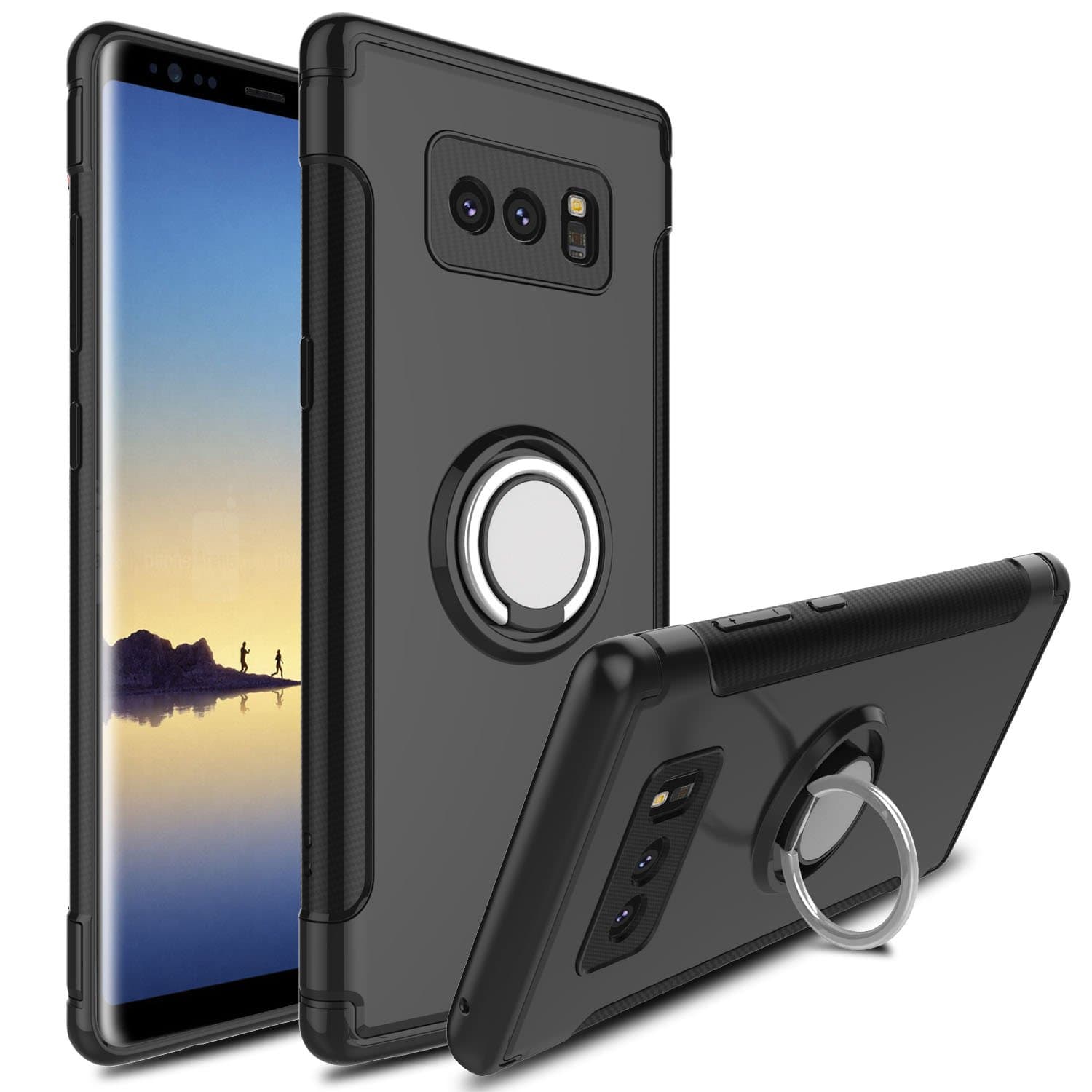 DONWELL Compatible Samsung Galaxy Note 8 Case, Hybrid Dual Layer Shock-Absorption Anti-Scratch Slim 360 Degree Rotation Ring Holder Armor Protective Cover Kickstand Case with Magnetic (Black)