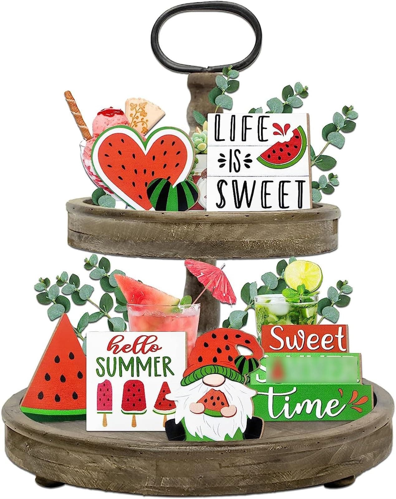 THE WHITE SHOPSummer Tiered Tray Decor, Farmhouse Watermelon Tray Decorations, Hello Summer Sweet Watermelon Gnome Wooden Signs, Rustic Summer Home Decor for Table Mantel Office Holiday Party