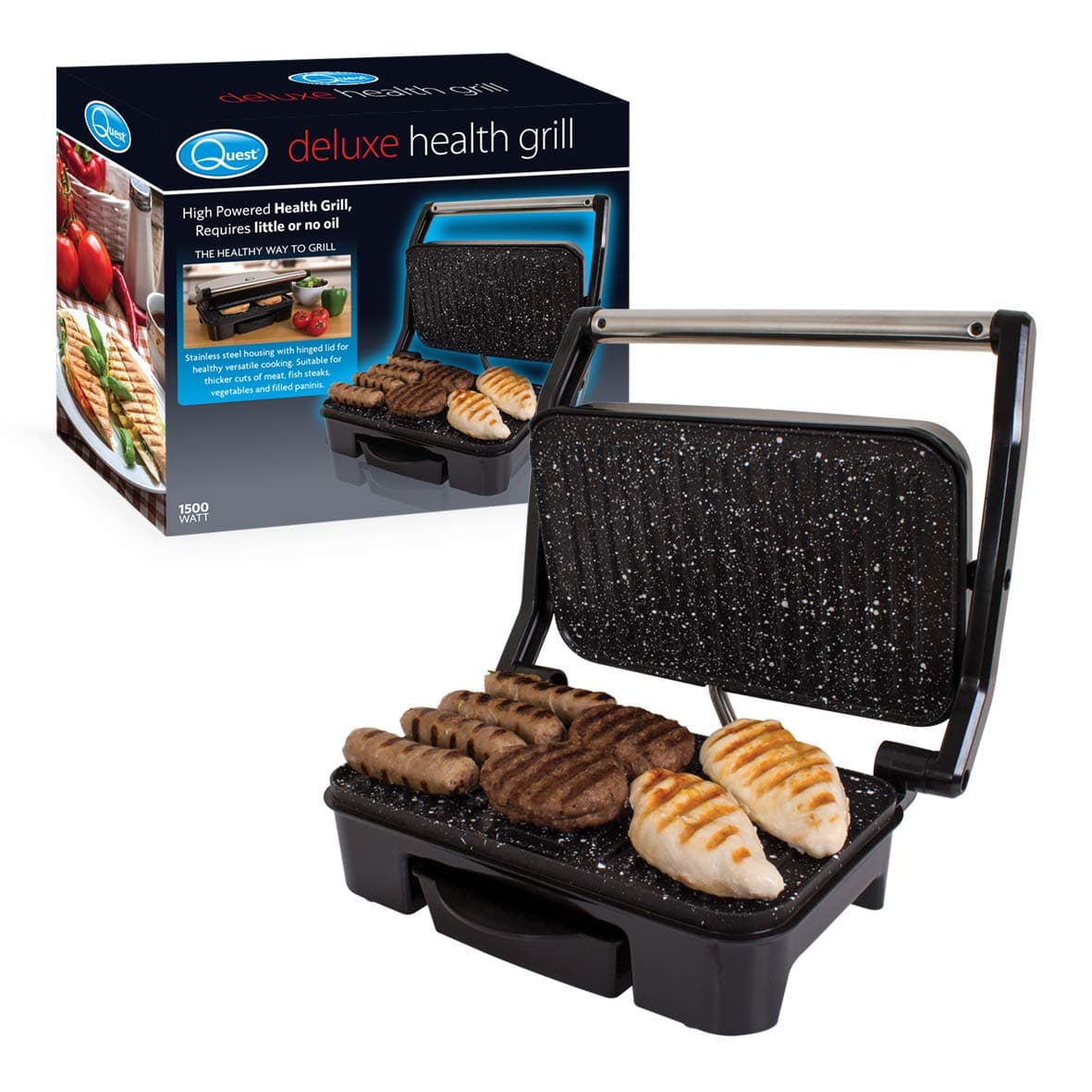 Quest 35600 Stainless Steel Deluxe Health Grill and Panini Sandwich Press, 1500 Watt, 33cm x 30cm x 13cm, Black