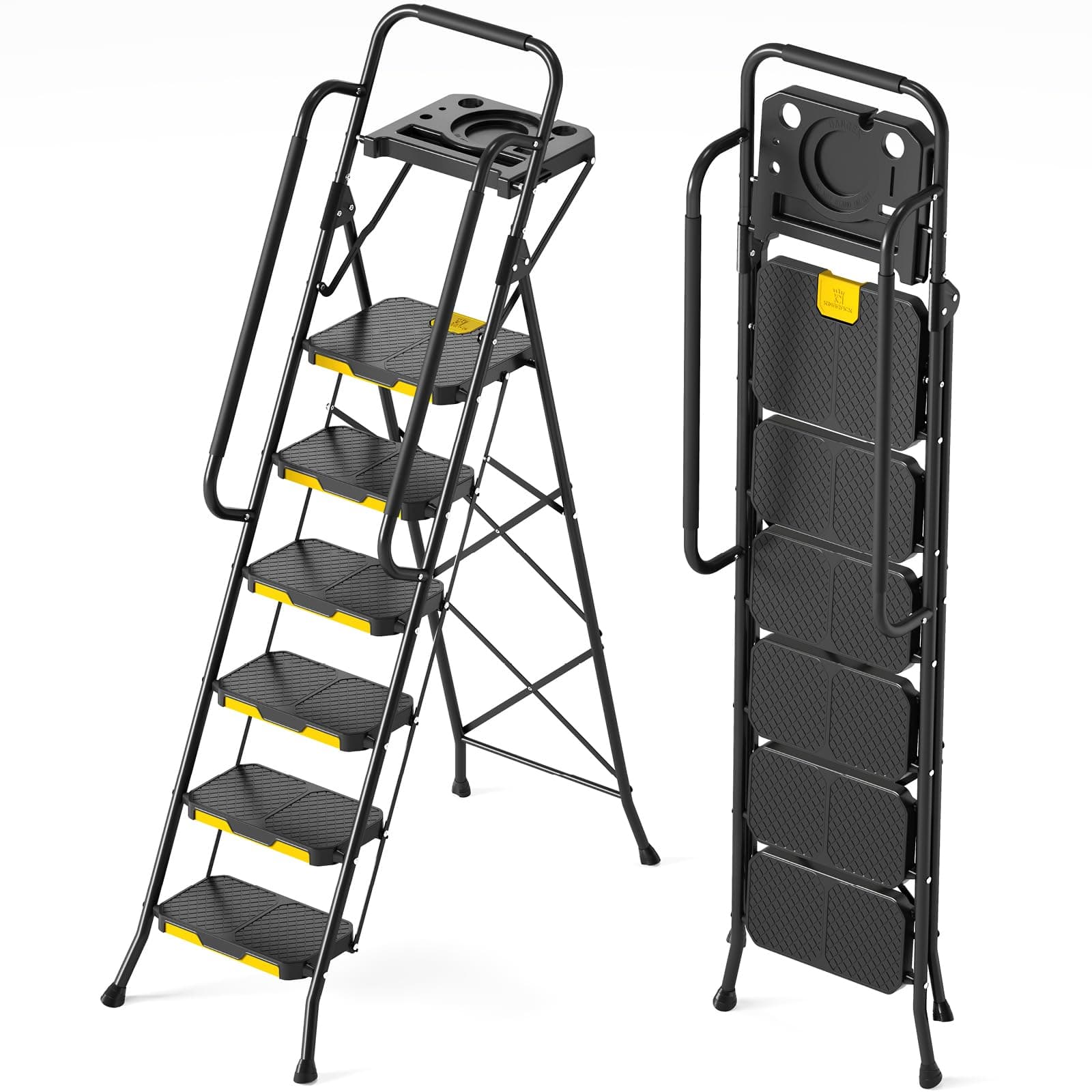 6 Step Ladder with Tool Platform, Folding Step Stool with Handrails, Sturdy Steel Ladder with Wide Pedal, 800 LBS Portable Safety Ladder for Painting Home Outdoor Garage