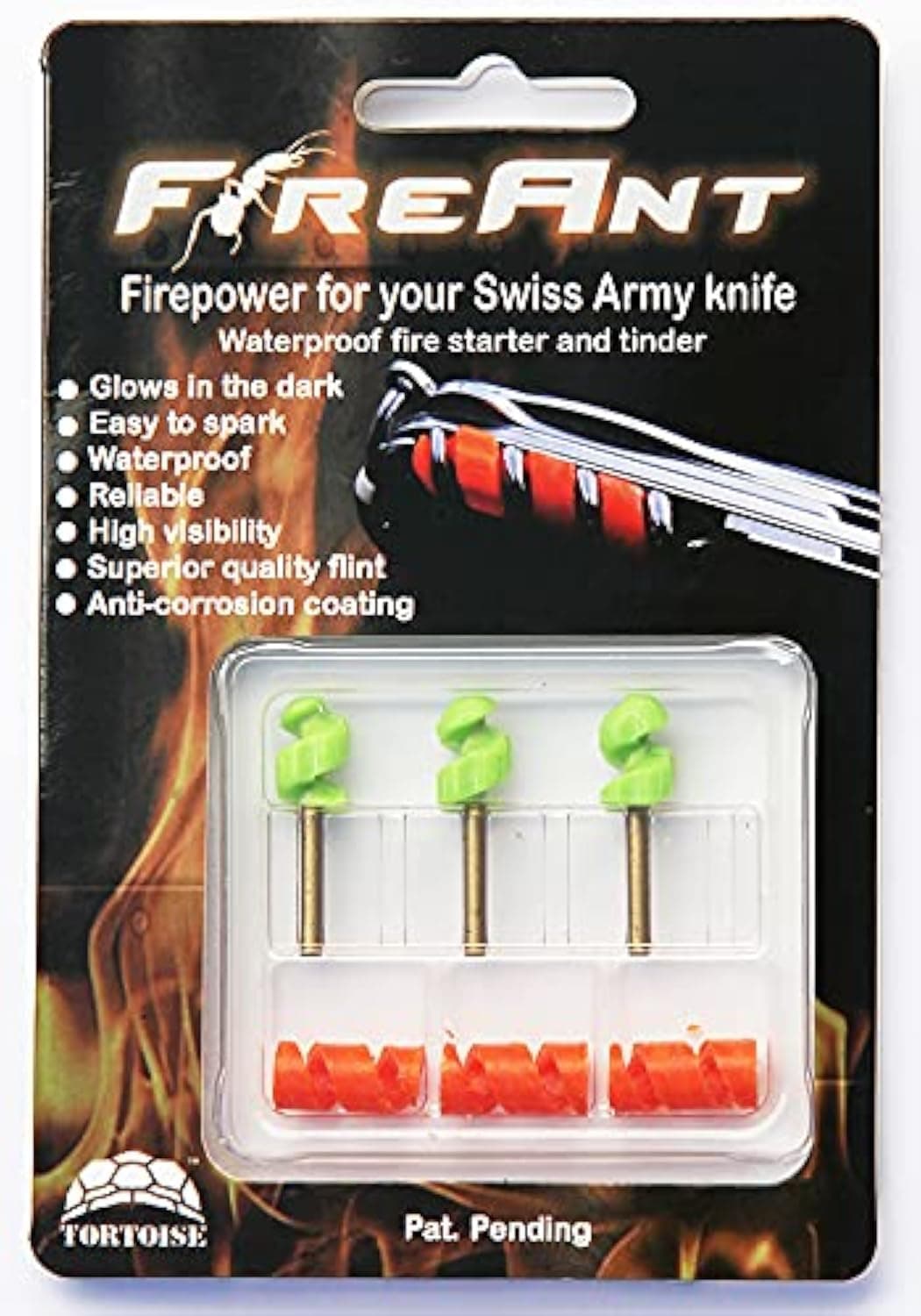 FireAnt 3 Pack - Fire Starter and Tinder System for Swiss Army Victorinox Knives (Green Glow)
