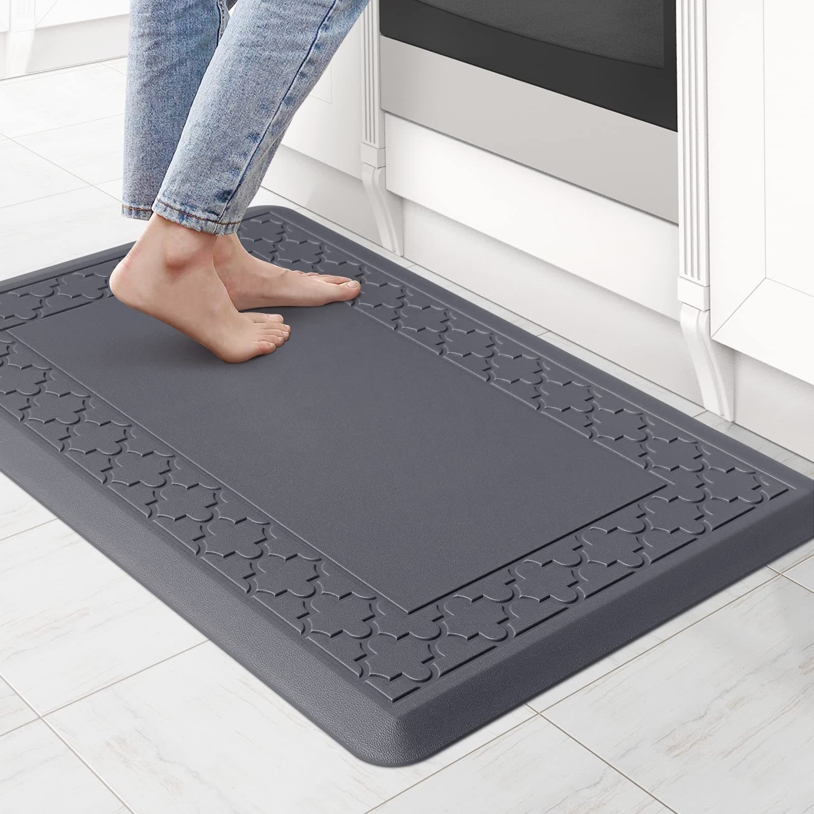 KitchenClouds Kitchen Mat Cushioned Anti Fatigue Kitchen Rug 17.3"x28" Waterproof Non Slip Kitchen Rugs and Mats Standing Desk Mat Comfort Floor Mats for Kitchen House Sink Office (Grey Embossed)