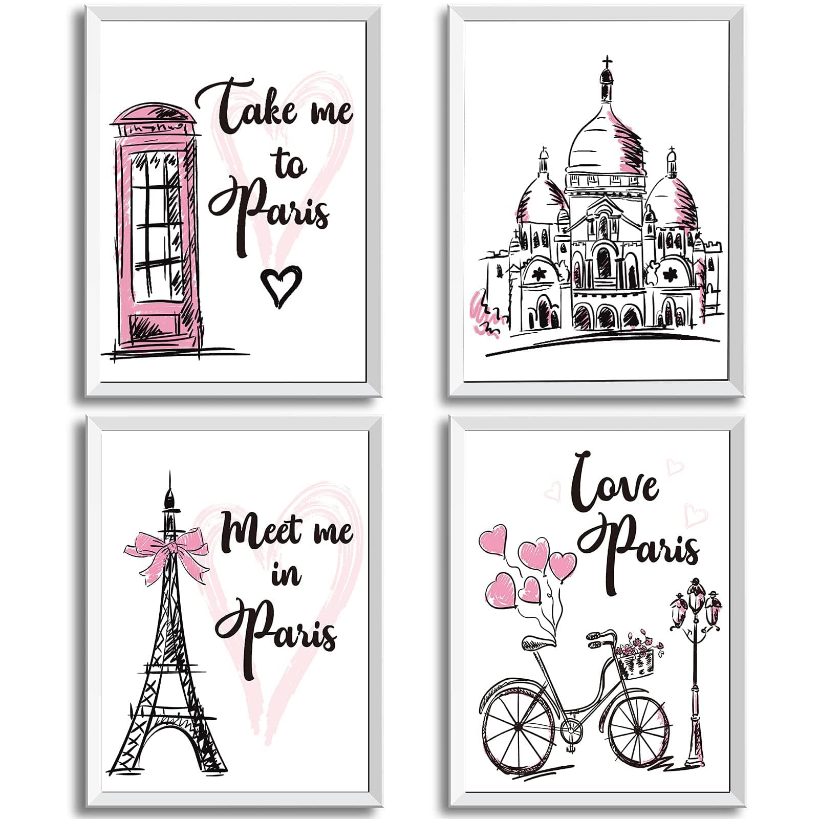 Outus 4 Pieces Paris Wall Decor Pink Paris Themed Bedroom Decor Eiffel Tower Wall Art Prints Romantic Unframed Picture Poster for Living Room Girls Bedroom Bathroom Office Decoration, 8 x 10 Inch