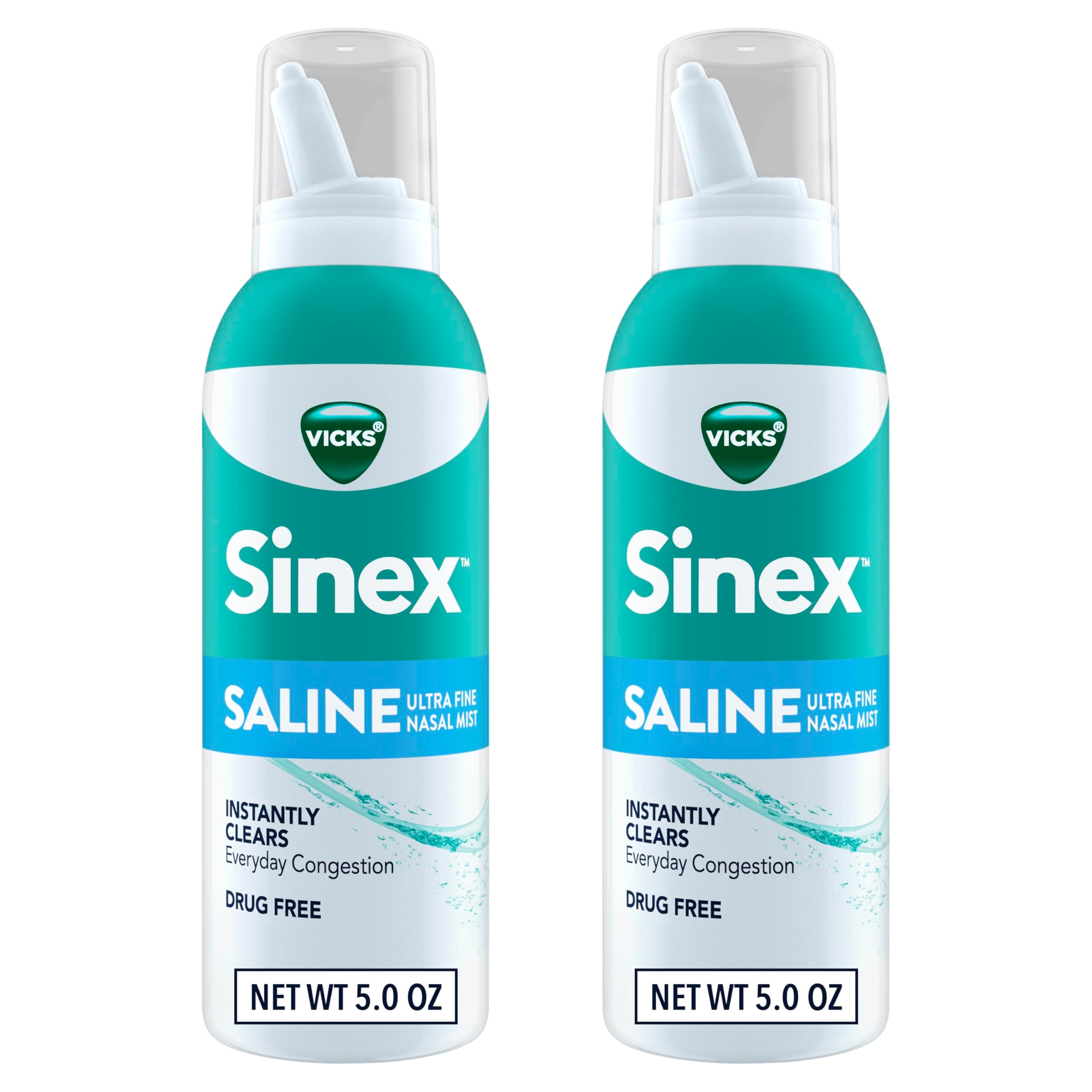 - Vicks Sinex SALINE Nasal Spray, Drug Free Ultra Fine Mist, Clear Everyday Sinus Congestion Fast, Clear Mucus from a Cold or Allergy, Daily Use 5.0 fl oz x 2