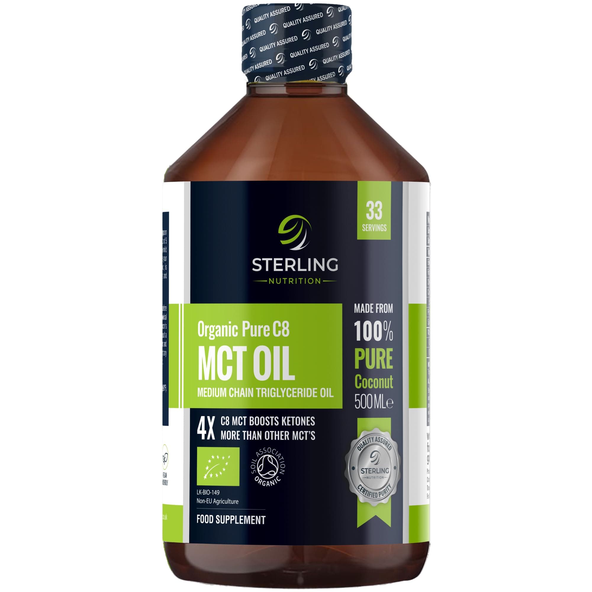 Premium Organic Pure C8 MCT Oil - 100% Pure Coconut - Boosts Ketones 3X More Than Other MCT's - For Keto Diet & Bulletproof Coffee - Vegan - Gluten Free - 500ml Supplement - Made