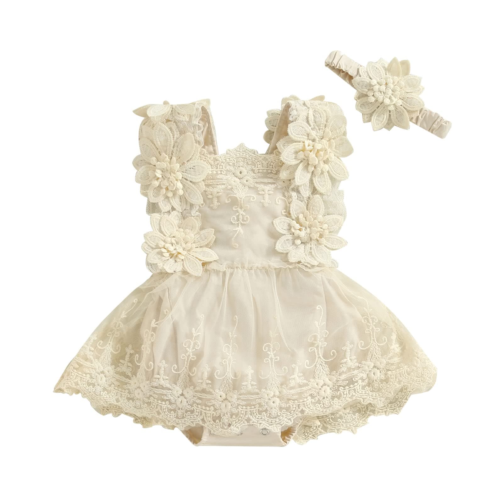 Newborn Baby Girl Lace Rompers Birthday Princess Dress Mesh Jumpsuits Tulle One-Piece Headband Summer Onesie