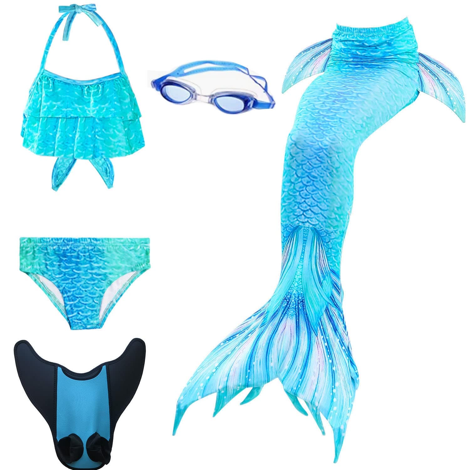 Mermaid Tails Swimming Goggles and Fin Novelty Swimwear Swimsuit Girls for Swimming 5 Pcs