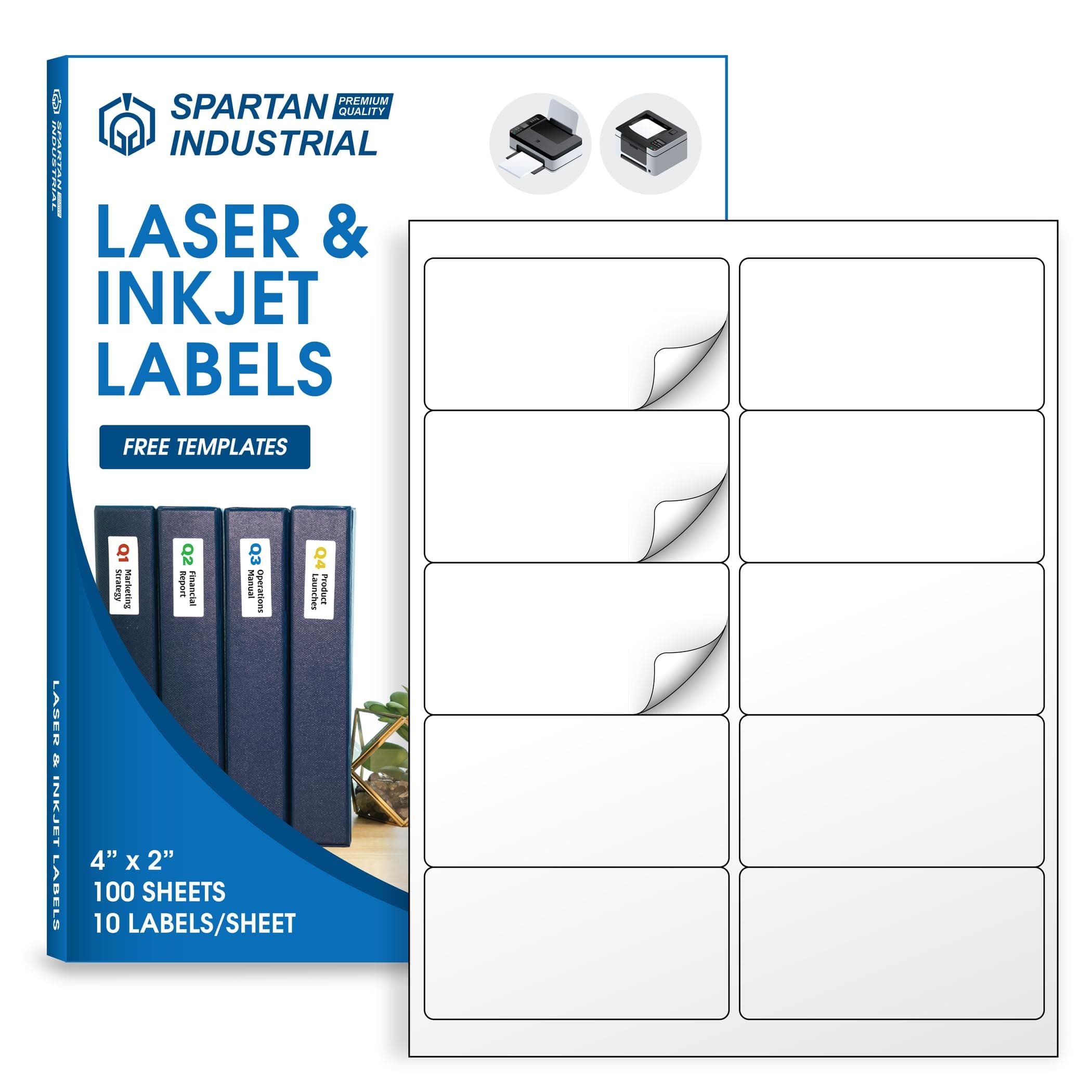 SPARTAN INDUSTRIALPrintable Laser and Inkjet Labels - 4" X 2" White Shipping Labels on Printable Sticker Paper - 100 Sheets, 1000 Total Labels