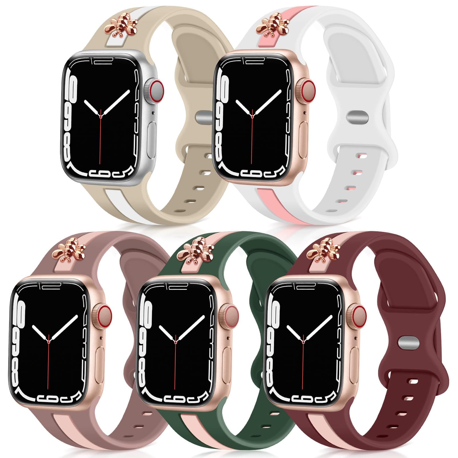 5 Pack Designer Sport Bands Compatible with Apple Watch Band 38mm 40mm 42mm 44mm 45mm 46mm 49mm Women,Bee Decoration Silicone Band for iWatch Series 10 9 8 7 6 5 4 3 2 1 Ultra SE