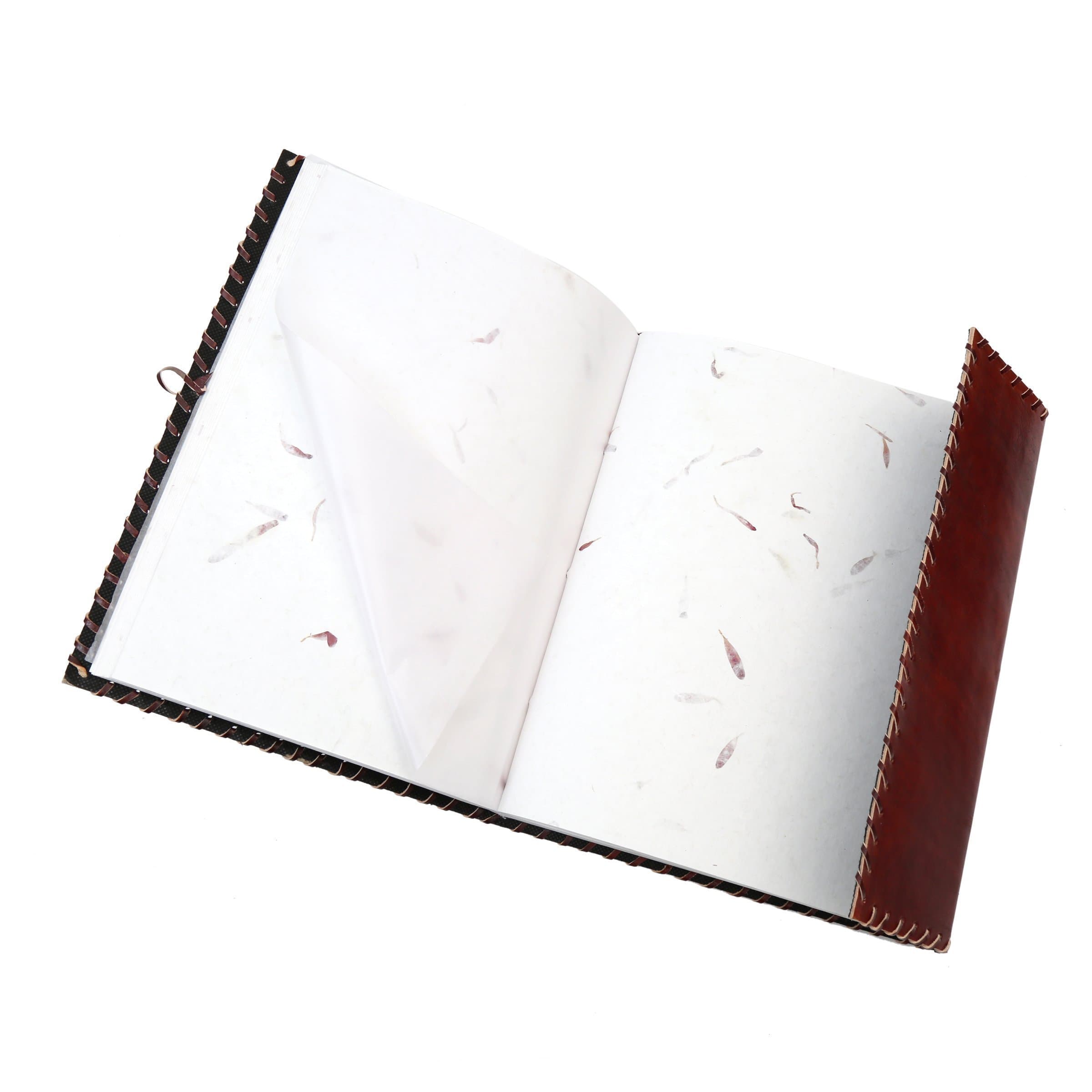 Extra Large Leather Photo Album Rustic with Lapis Lazuli Stone 13" x 10" Handmade Pressed Flower Paper 46 Sheets