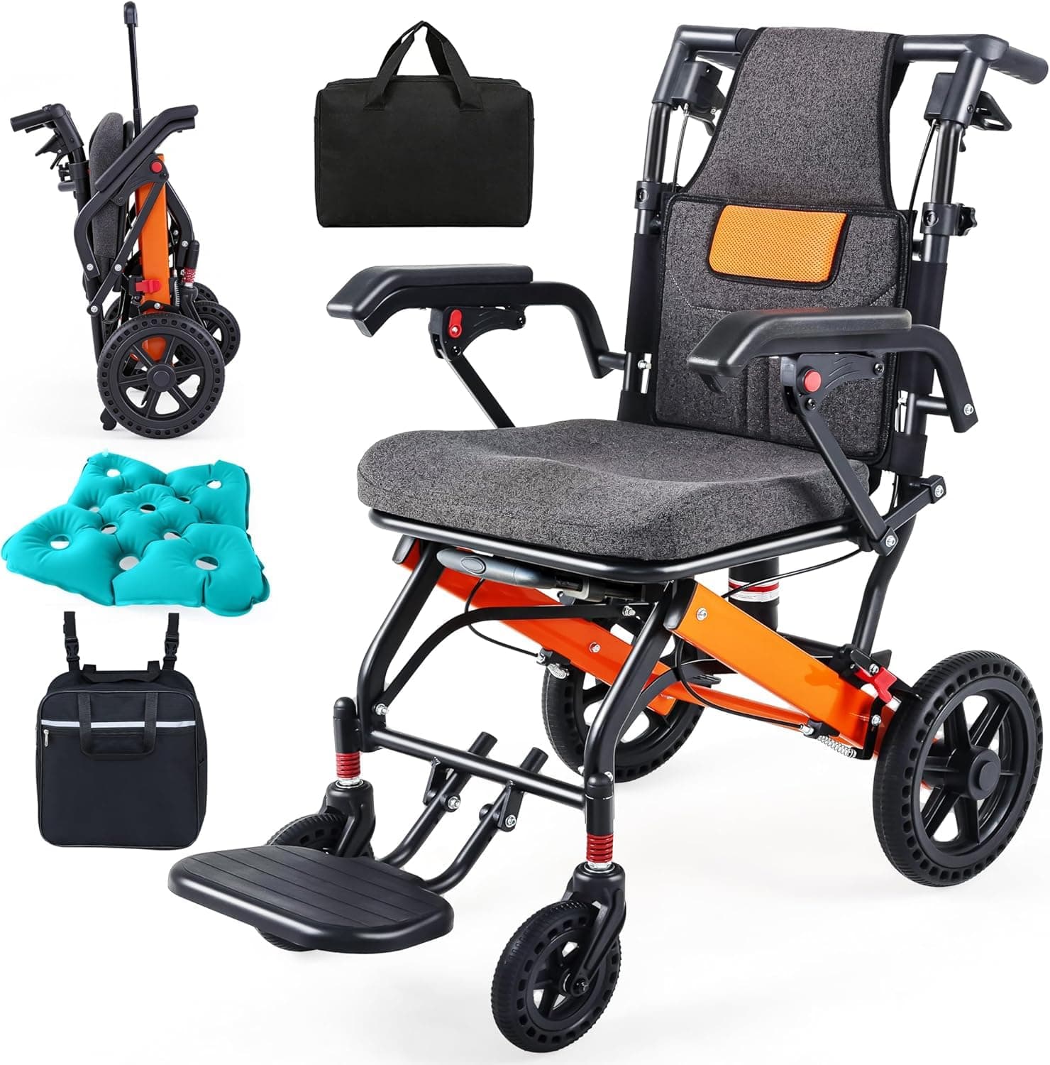 Super Lightweight Portable Transit Travel Wheelchair, Upgraded Folding Transport Wheelchairs (Weight 26.7lbs) for Adults and Seniors, Come with Telescopic Handle and Travel Bag