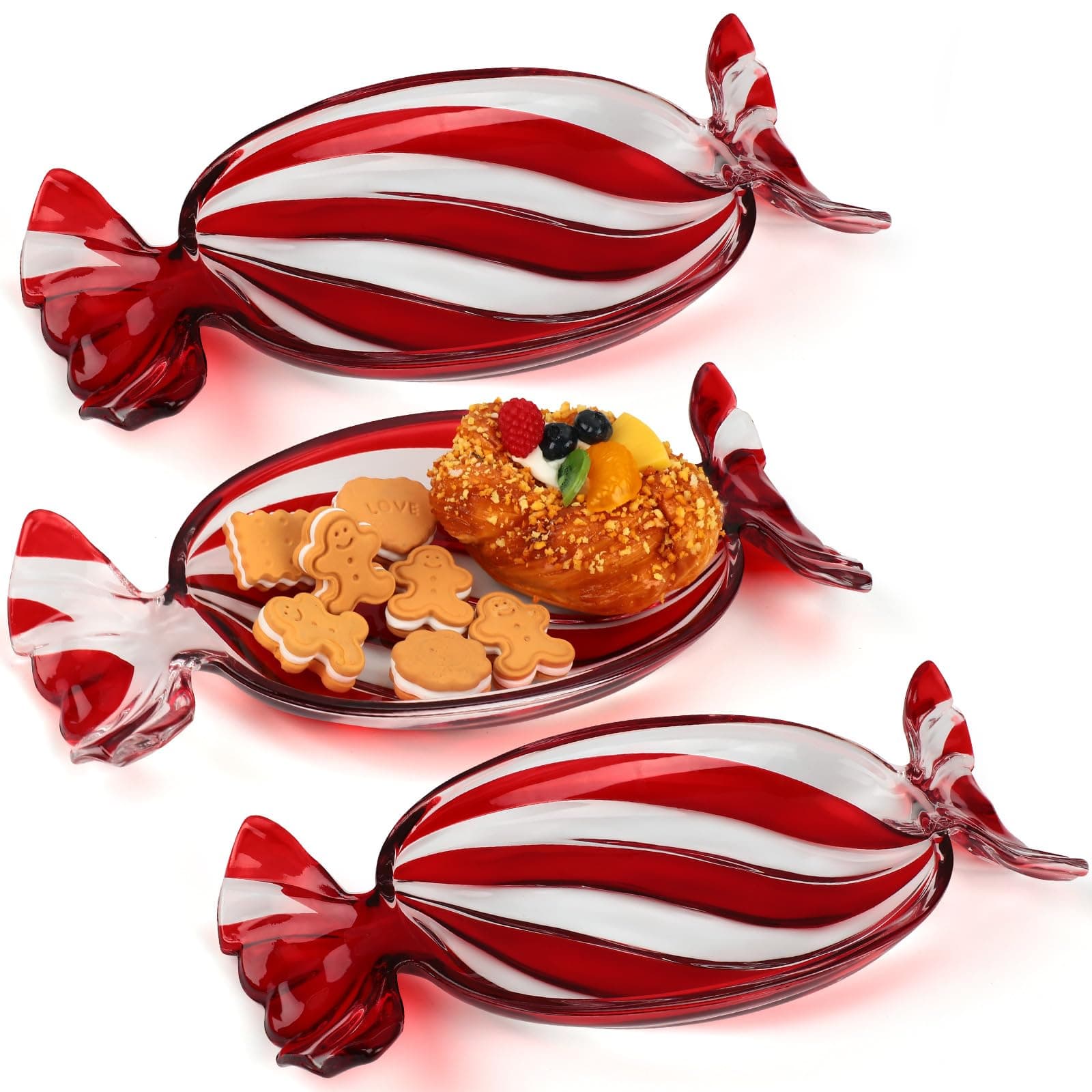 Sliner 3 Pcs Christmas Dish Christmas Peppermint Candy Tray Glass Candy Platter Crystal Glass Fruit Plate Serving Dessert Dish Xmas Dinnerware Tray Decorative Plate for Xmas Holiday Party Favor (Red)