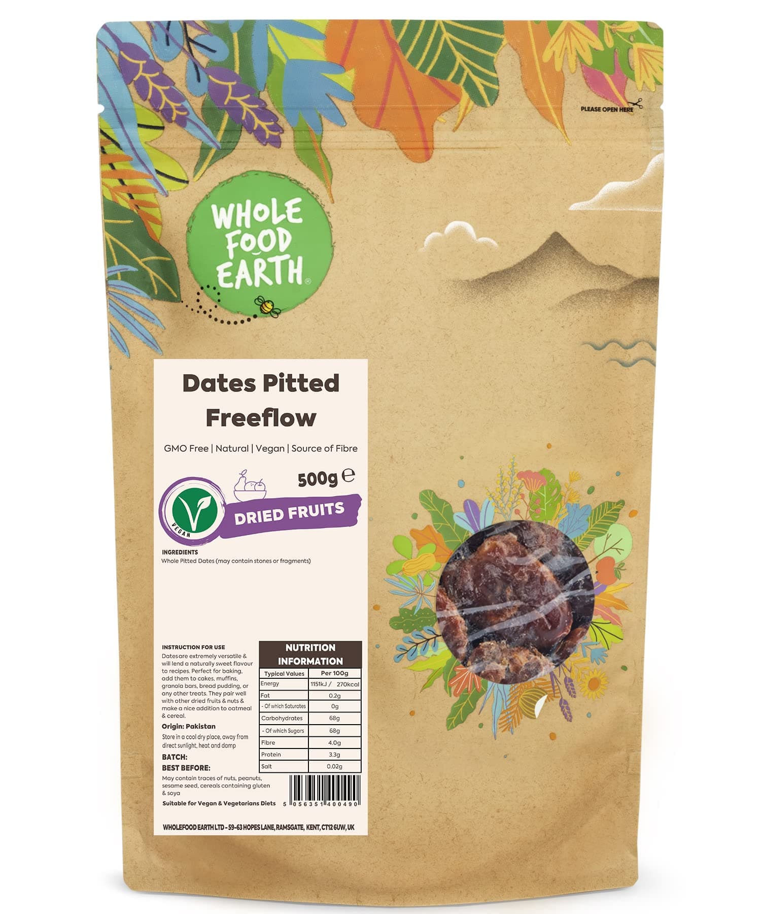 Wholefood Earth Dates Pitted Freeflow 500 g | GMO Free | Natural | Source of Fibre