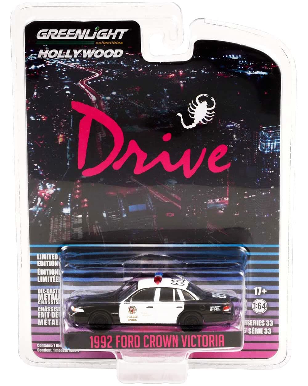 Collectible 1992 Crown Victoria Police Interceptor Black & White Los Angeles Police Department LAPD Drive 2011 Movie 1/64 Diecast Model Car Greenlight 44930 D