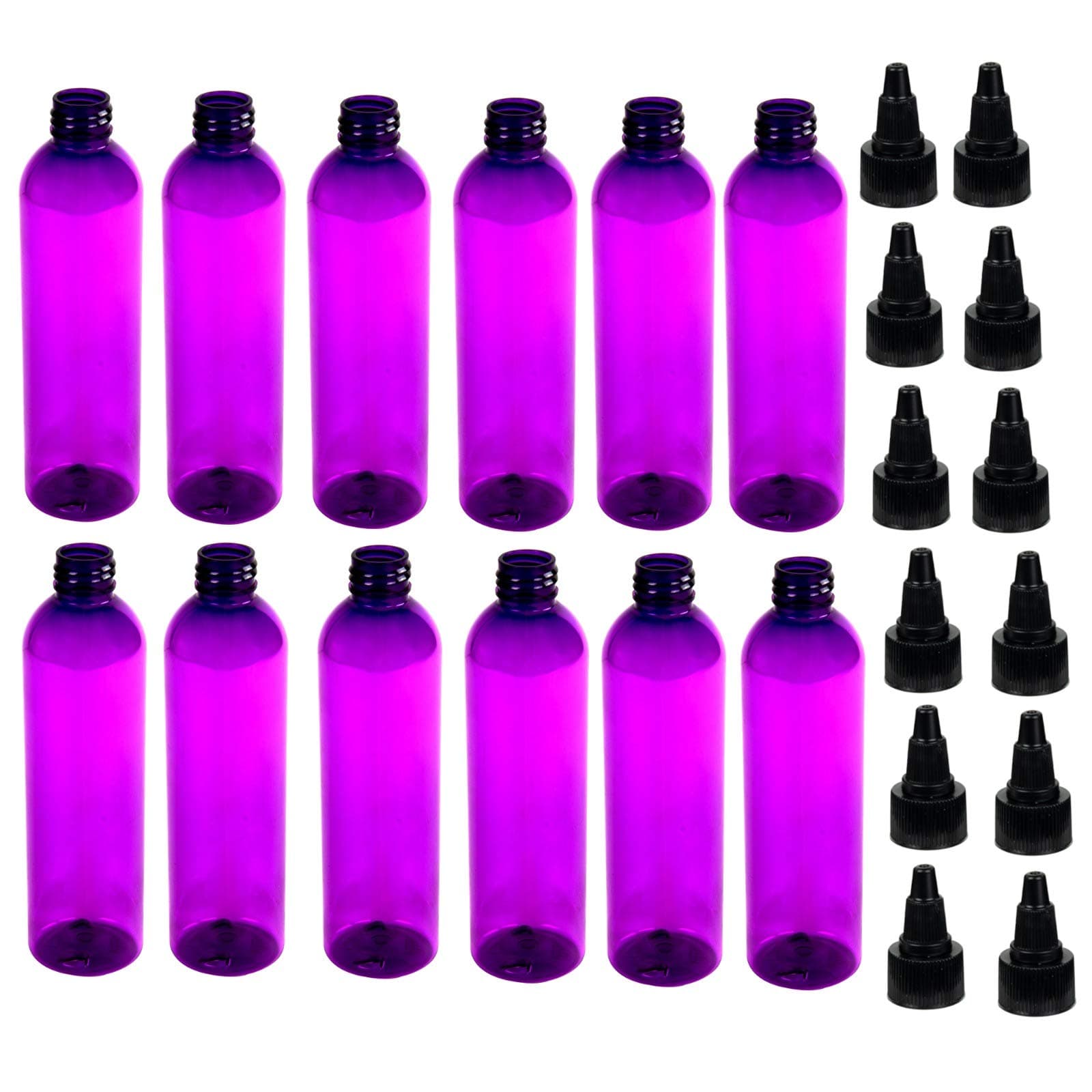 12 Pack – 4oz -Purple Cosmo Plastic Bottles – Black Twist Open/Close Top - for Essential Oils, Perfumes, Cleaning Products