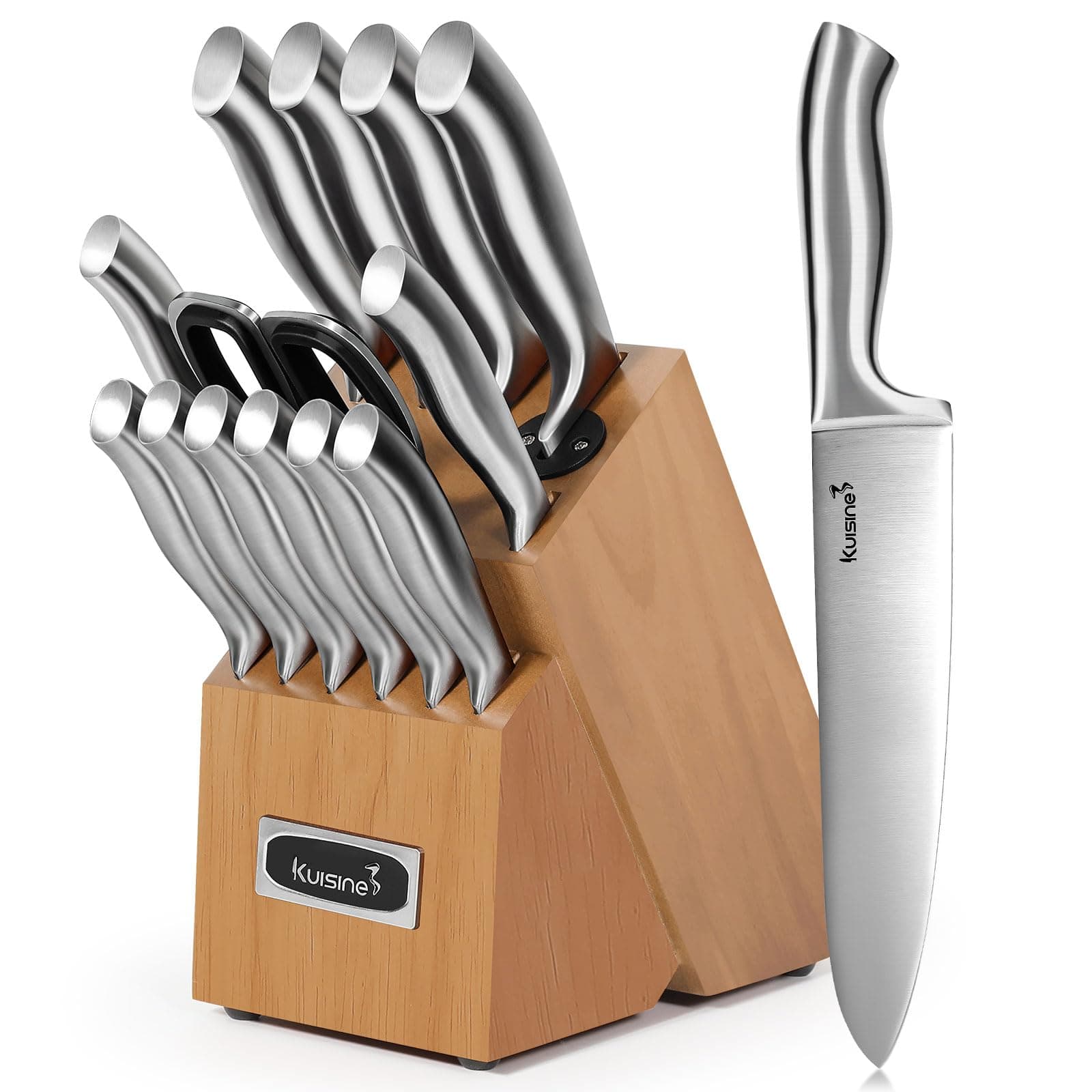 Kuisine Premium Sharp Knife Set,High Carbon Stainless Steel Sharper Blade Ergonomic Non-slip Handle,Kitchen Block Knife Set Chef Knife Block Set with Built-in Sharpener(Acacia, 15PCS)