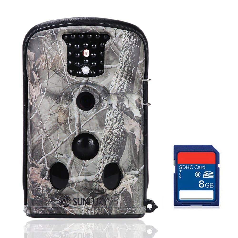 SUNLUXY 5210A HD 12MP Scouting Hunting Game Trail Camera Security, 60 Degree Wide Angle Lens, 90 Degree PIR Sensing Angle, IR LED Night, Voice Recording + 8GB SD Card (Grey)