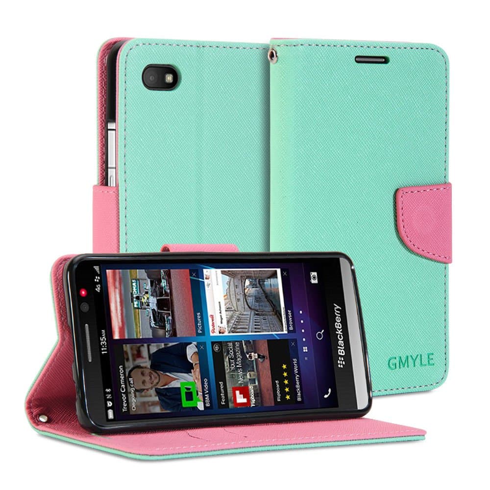 BlackBerry Z30 Case, GMYLE Wallet Case Classic for BlackBerry Z30 - Mint Green & Pink Cross Pattern PU Leather Slim Wallet Case Flip Folio Stand Cover