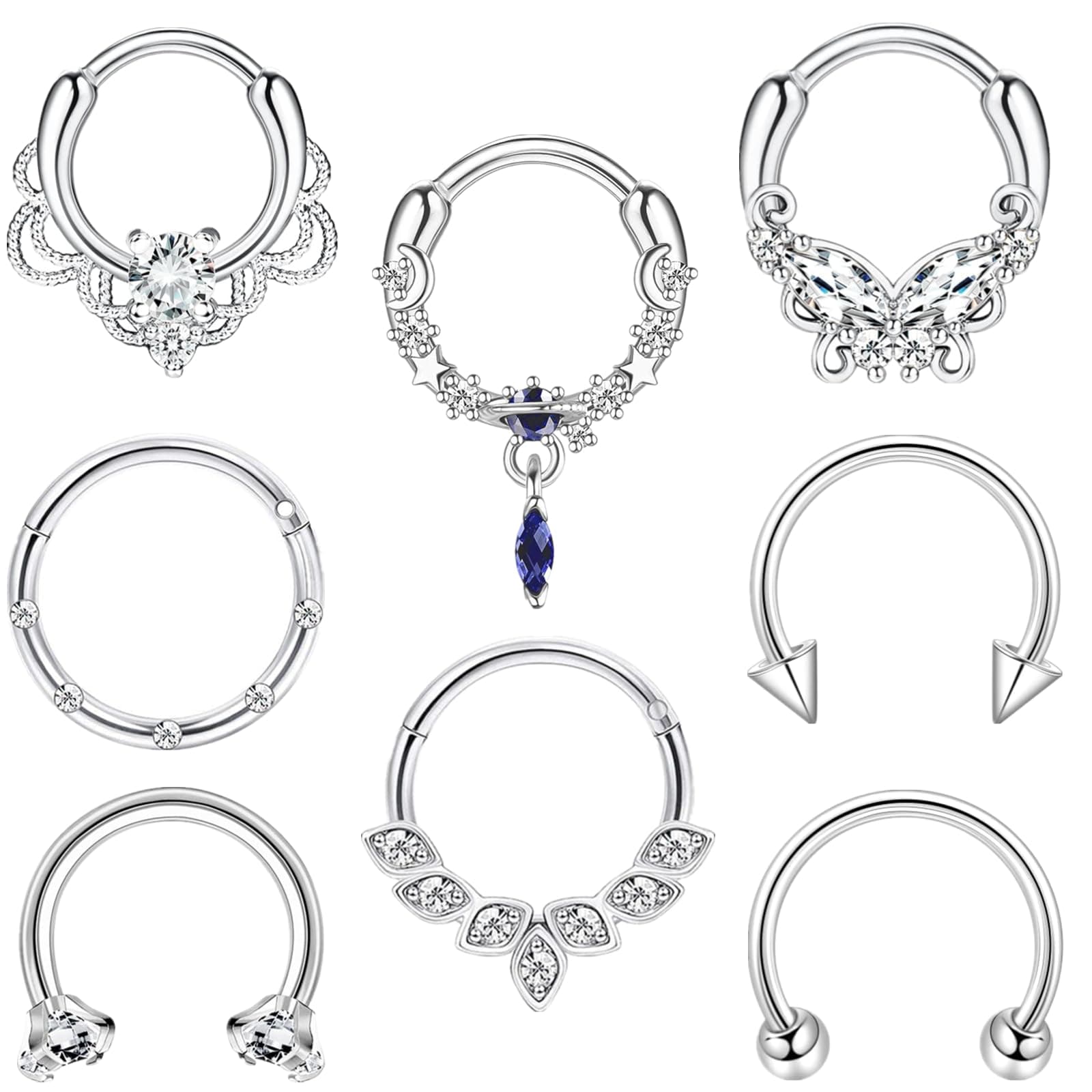 8pcs Septum Rings 16g Surgical Steel Nose Rings Hoops Septum Clicker Daith Piercing Jewelry Silver Butterfly CZ Horseshoe Nose Lip Ring For Women Men 8MM 10MM
