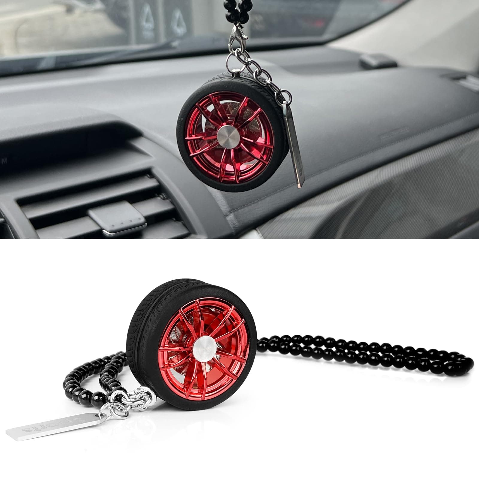 Car Wheel Hub Shape Ornament Rearview Mirror Hanging Pendant Decor Automotive Rear View Swinging Decoration Interior Unique Ornaments Zinc Alloy Charms Accessories Gift for Owners (Red)