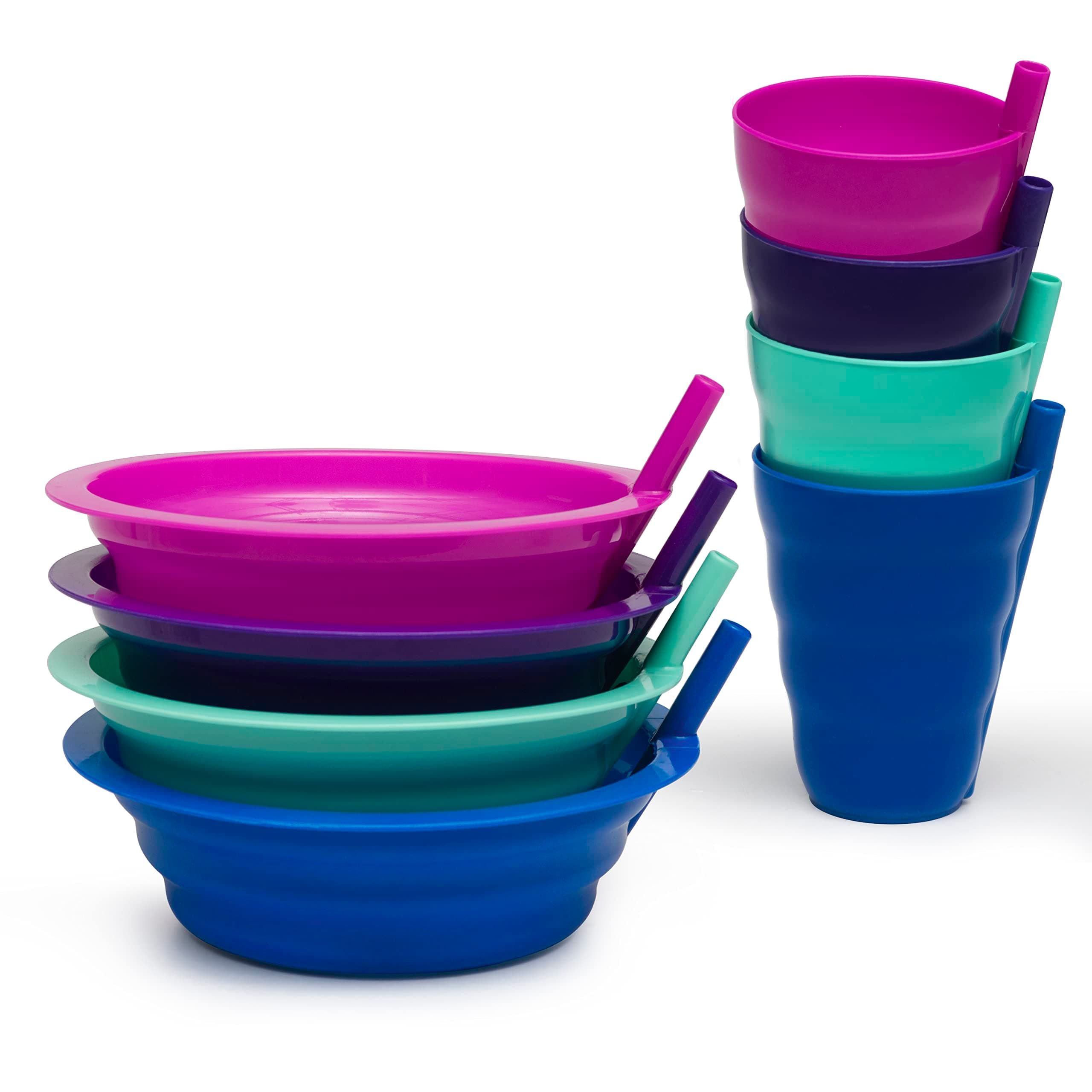 Klickpick HomeCereal Bowls with Straws and Kids Straw Cups - Set of 4 Bowls with Straws for Kids, and 4 Straw Cups for Kids BPA Free Dishwasher Safe Great for Kids and Toddlers